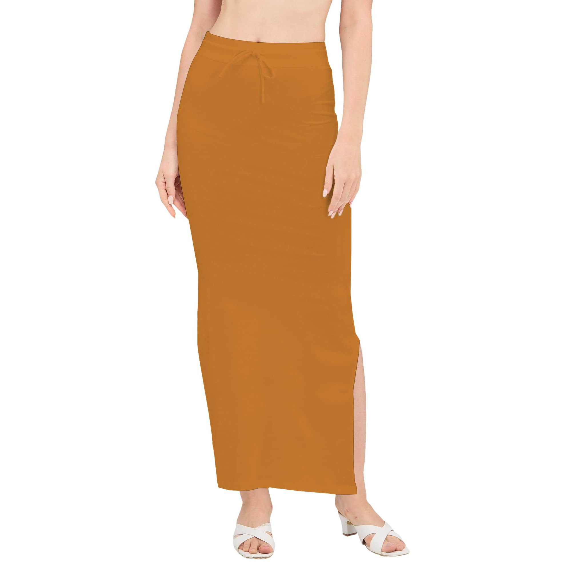 DESI GIRL - Stretchy Cotton Saree Shapewear Petticoat for Women | Fishcut Petticoat with Side Slit for Easy Movement | Shape Wear for Sarees | Petticoat with Drawstring | Honey | S