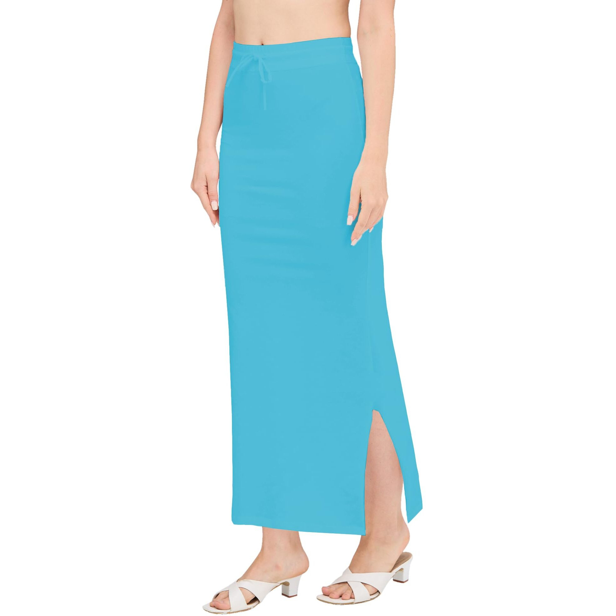 DESI GIRL - Stretchy Cotton Saree Shapewear Petticoat for Women | Fishcut Petticoat with Side Slit for Easy Movement | Shape Wear for Sarees | Petticoat with Drawstring | Sky Blue | S