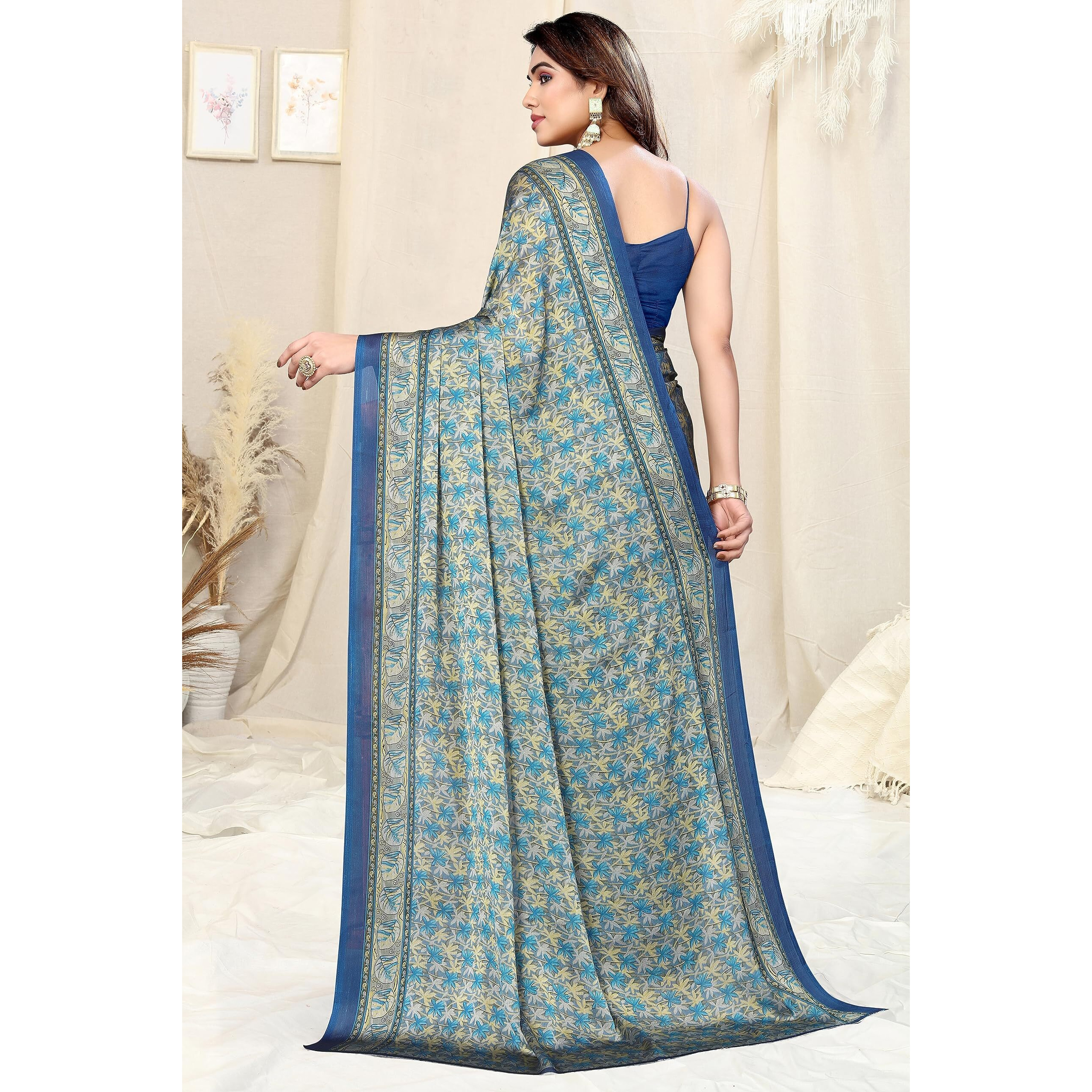 MIRCHI FASHION Womens Plain Weave Chiffon Floral Printed Saree with Blouse Piece (39262-Blue, Cream)
