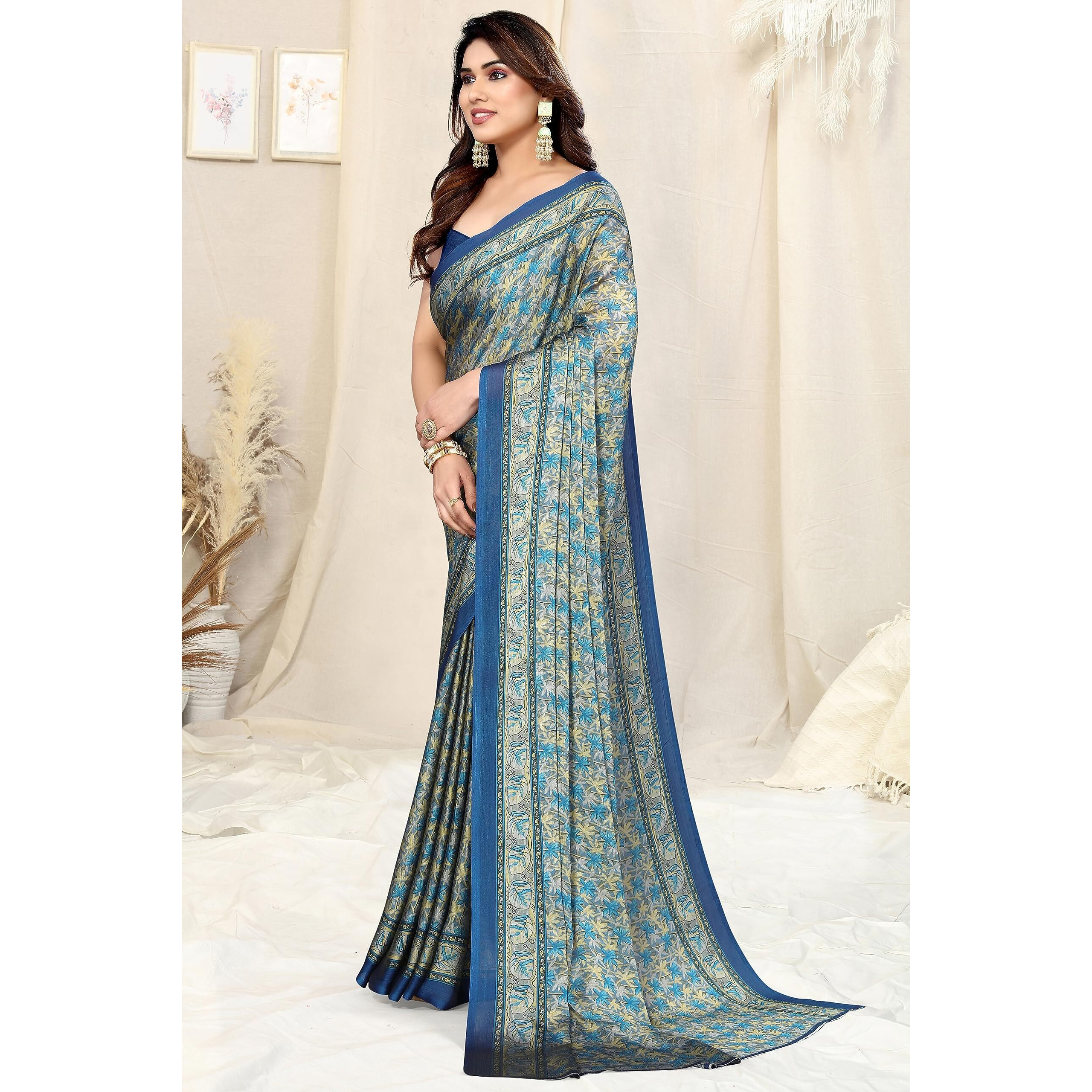 MIRCHI FASHION Womens Plain Weave Chiffon Floral Printed Saree with Blouse Piece (39262-Blue, Cream)