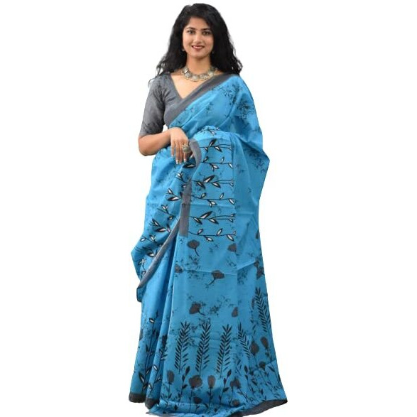Kiaaron Womens Ikat Hand Block Print Jaipuri Cotton Mulmul Saree with Blouse Piece - Turquiose_178