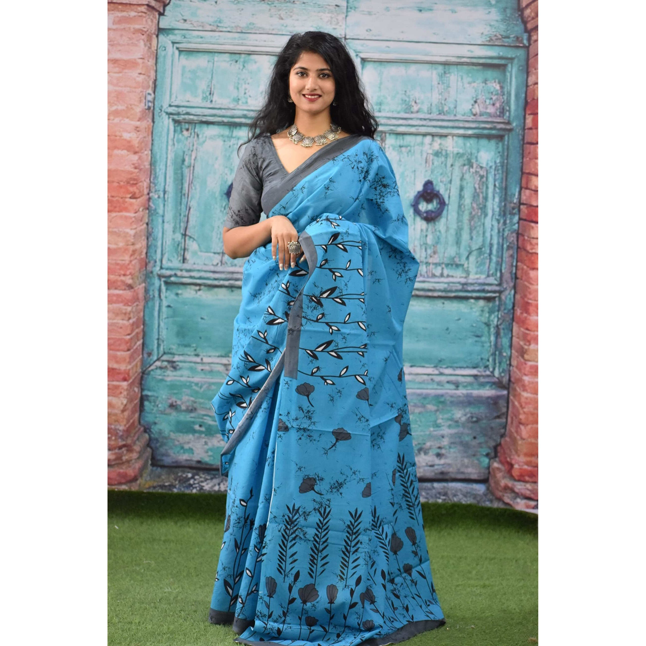 Kiaaron Womens Ikat Hand Block Print Jaipuri Cotton Mulmul Saree with Blouse Piece - Turquiose_178