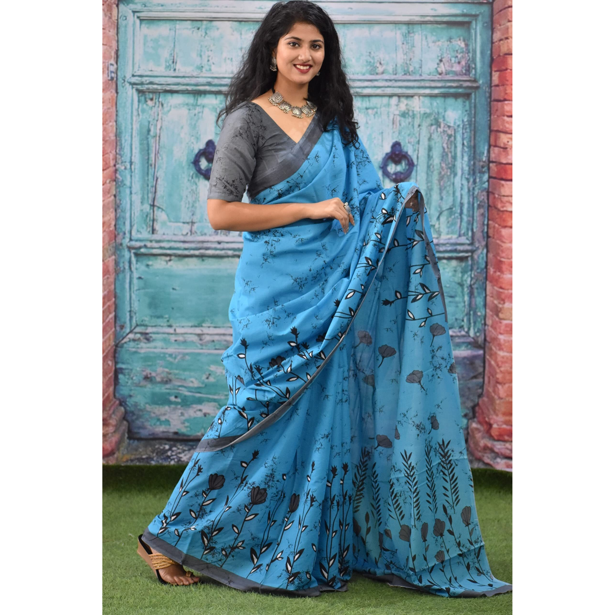 Kiaaron Womens Ikat Hand Block Print Jaipuri Cotton Mulmul Saree with Blouse Piece - Turquiose_178