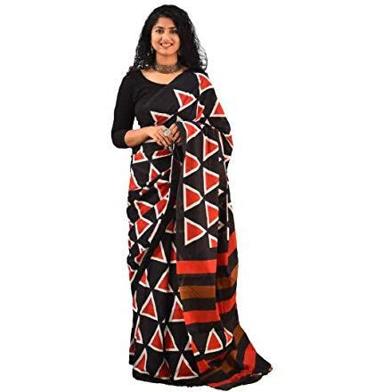 Kiaaron Womens Hand Block Kalamkari Batik Bagru Jaipuri Ikat Printed Handloom Pure Cotton Mulmul Traditional Ethnic Cotton Sarees With Printed Blouse Piece - Black