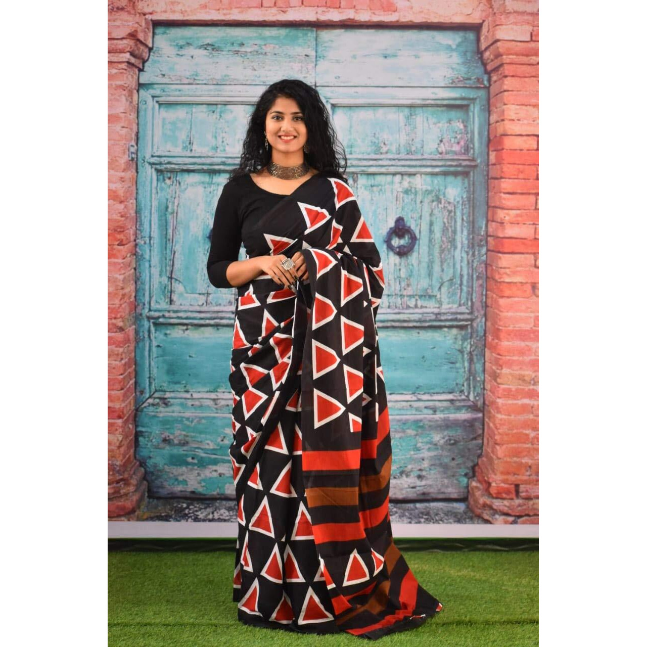 Kiaaron Womens Hand Block Kalamkari Batik Bagru Jaipuri Ikat Printed Handloom Pure Cotton Mulmul Traditional Ethnic Cotton Sarees With Printed Blouse Piece - Black