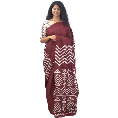 Kiaaron Womens Ikat Hand Block Print Jaipuri Cotton Mulmul Saree with Blouse Piece -Maroon_Sup549