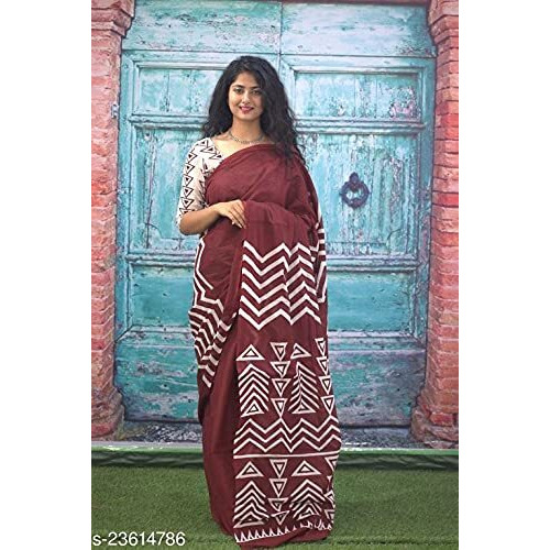 Kiaaron Womens Ikat Hand Block Print Jaipuri Cotton Mulmul Saree with Blouse Piece -Maroon_Sup549