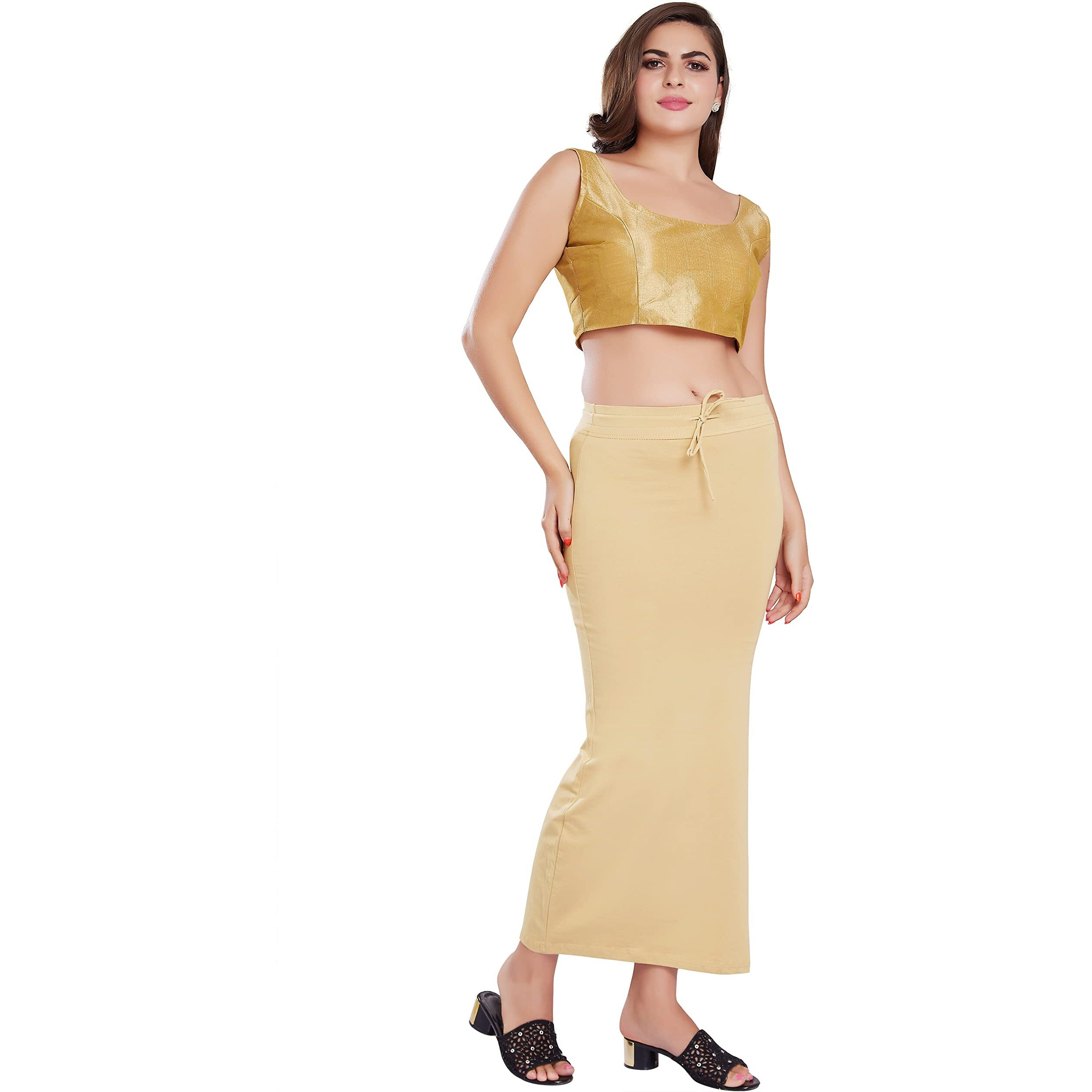 RANI SAAHIBA Womens Stretchy Slim Fishcut Petticoat Cotton Saree Shapewear(SHP61_S/M_Ivory)