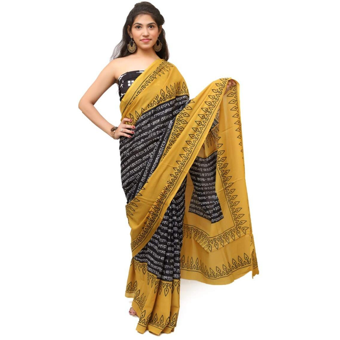 Kiaaron Womens Hand Block Kalamkari Batik Bagru Jaipuri Ikat Printed Handloom Pure Cotton Mulmul Traditional Ethnic Cotton Sarees With Printed Blouse Piece - Black