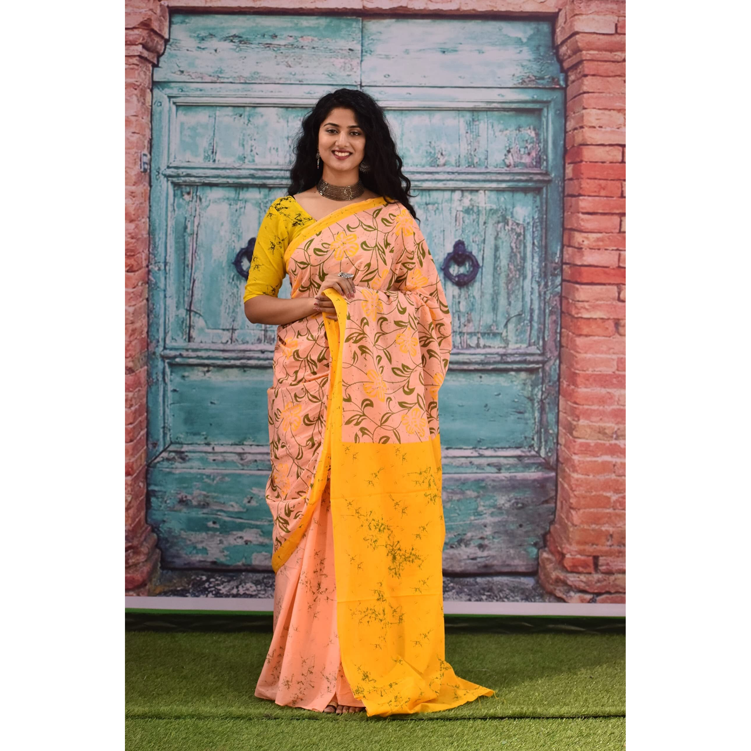 Kiaaron Womens Ikat Hand Block Print Jaipuri Cotton Mulmul Saree with Blouse Piece - Multi_181