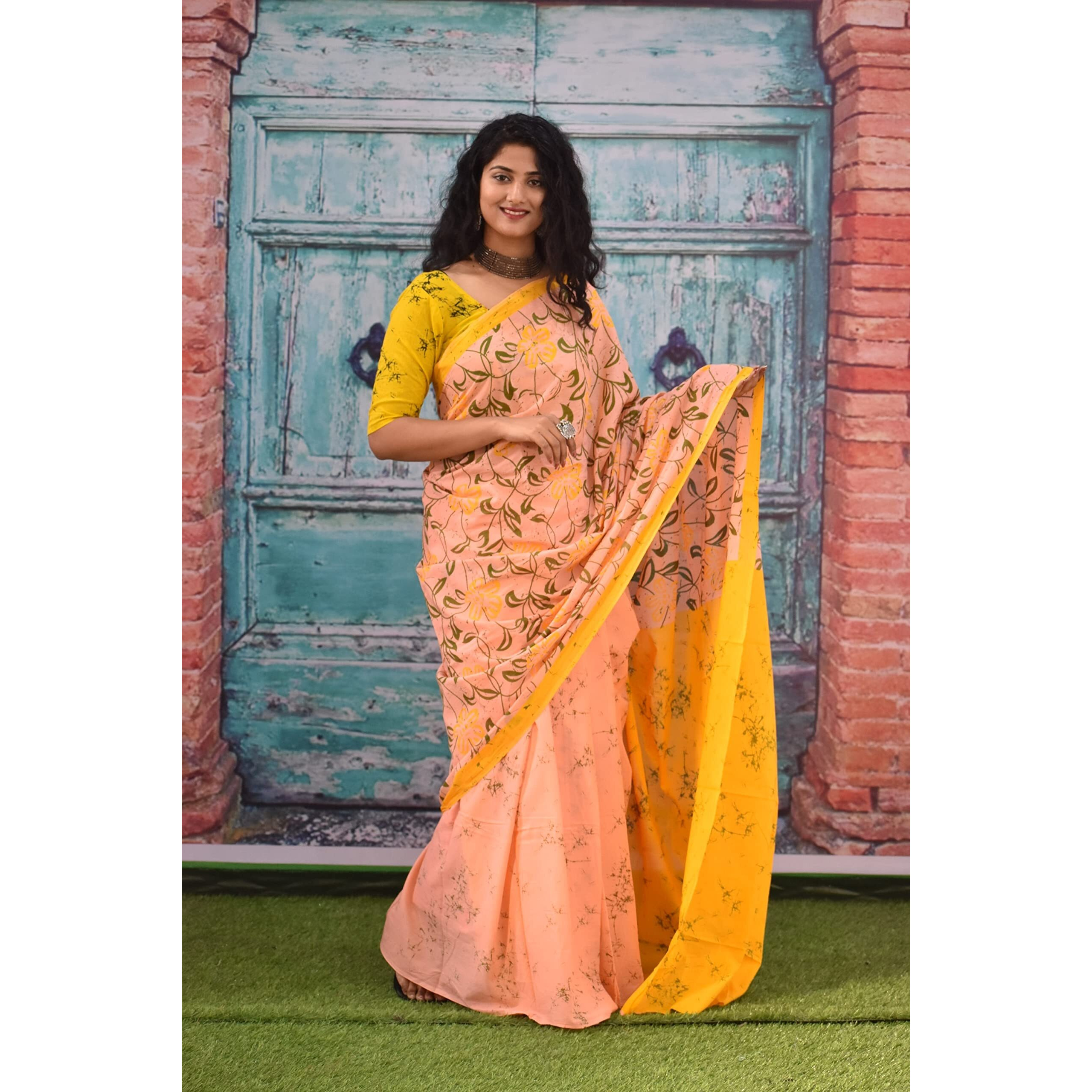 Kiaaron Womens Ikat Hand Block Print Jaipuri Cotton Mulmul Saree with Blouse Piece - Multi_181