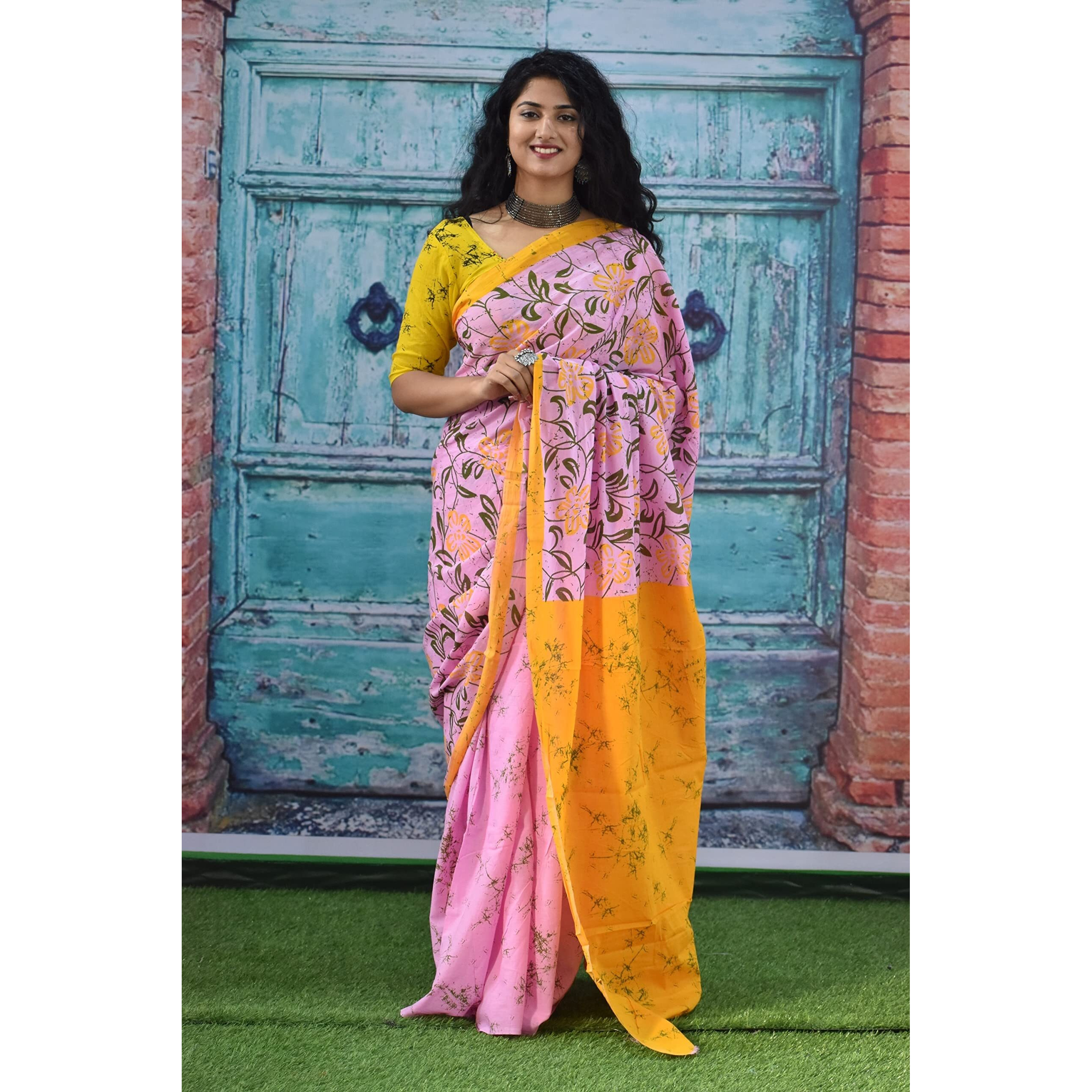 Kiaaron Womens Ikat Hand Block Print Jaipuri Cotton Mulmul Saree with Blouse Piece - Pink_180