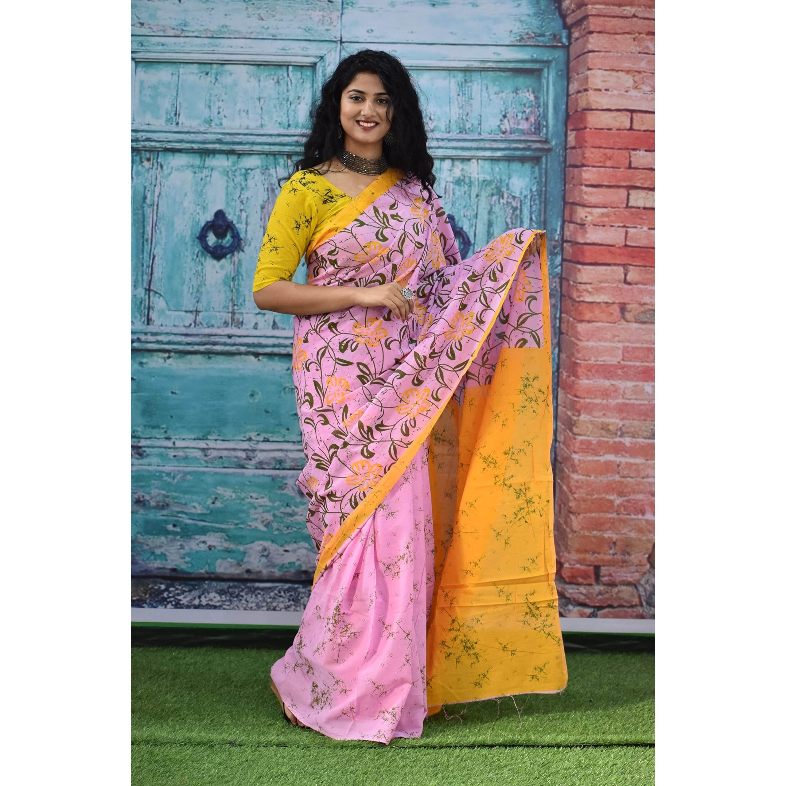 Kiaaron Womens Ikat Hand Block Print Jaipuri Cotton Mulmul Saree with Blouse Piece - Pink_180