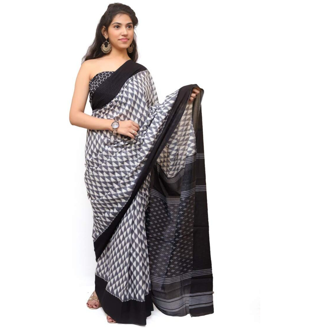 Kiaaron Womens Hand Block Kalamkari Batik Bagru Jaipuri Ikat Printed Handloom Pure Cotton Mulmul Traditional Ethnic Cotton Sarees With Printed Blouse Piece - Grey