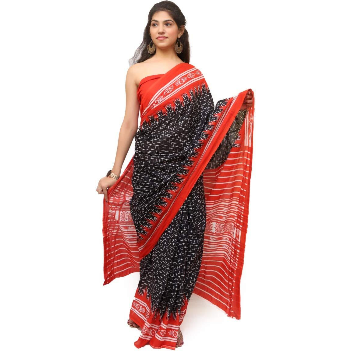 Kiaaron Womens Hand Block Kalamkari Batik Bagru Jaipuri Ikat Printed Handloom Pure Cotton Mulmul Traditional Ethnic Cotton Sarees With Printed Blouse Piece - Red