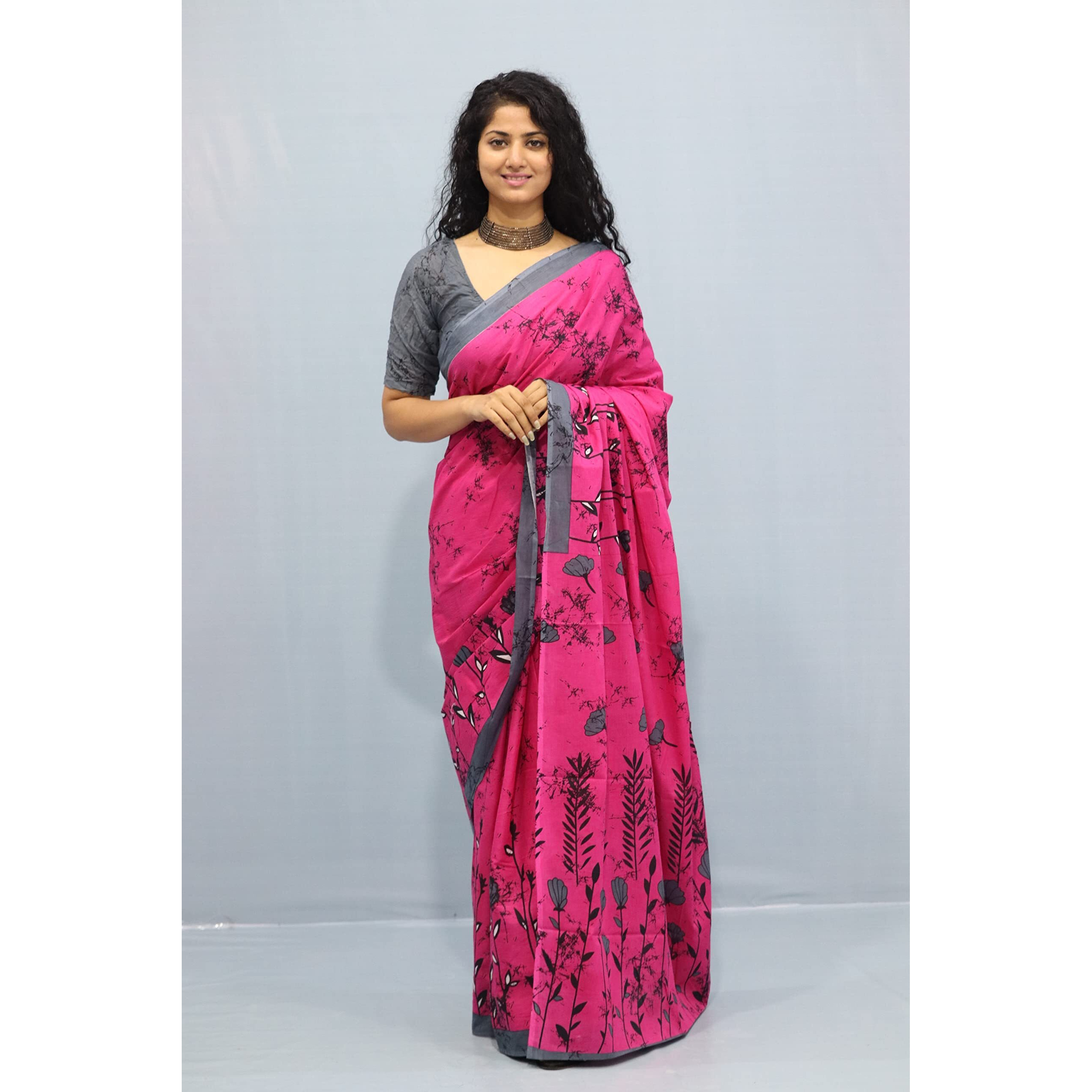 Kiaaron Womens Ikat Hand Block Print Jaipuri Cotton Mulmul Saree with Blouse Piece - Pink_175