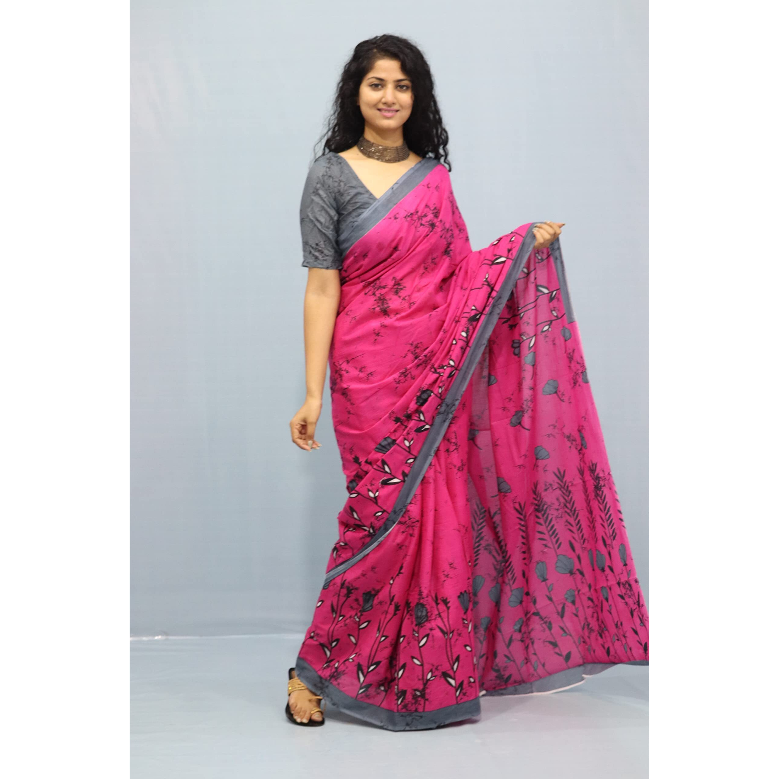 Kiaaron Womens Ikat Hand Block Print Jaipuri Cotton Mulmul Saree with Blouse Piece - Pink_175