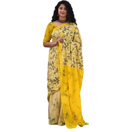 Kiaaron Womens Ikat Hand Block Print Jaipuri Cotton Mulmul Saree with Blouse Piece - Yellow_182