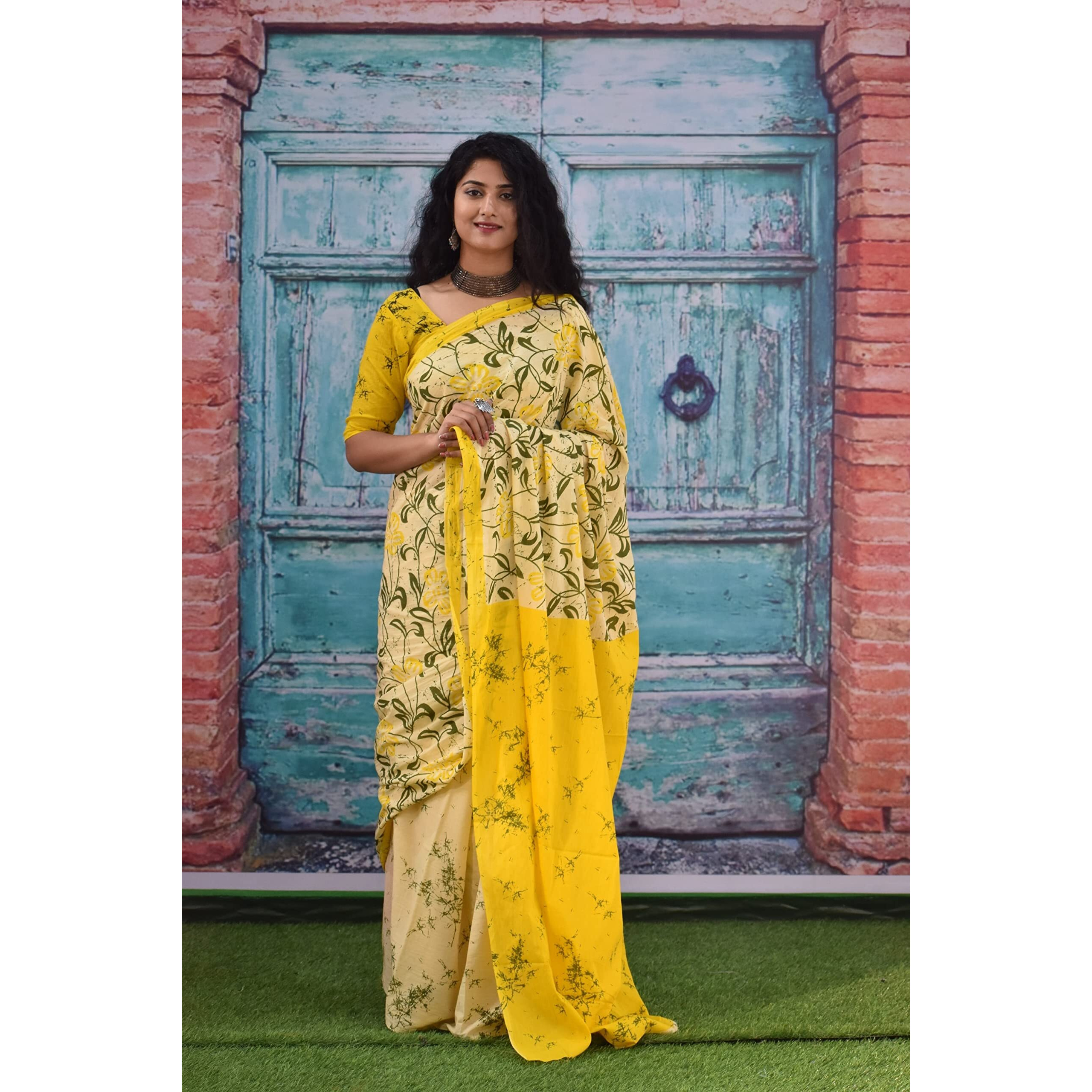 Kiaaron Womens Ikat Hand Block Print Jaipuri Cotton Mulmul Saree with Blouse Piece - Yellow_182