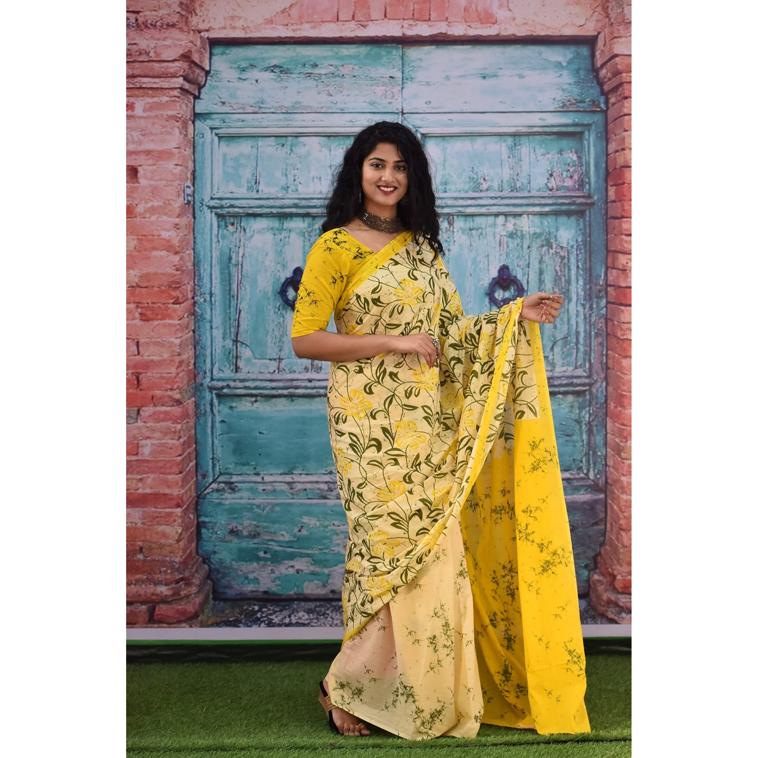 Kiaaron Womens Ikat Hand Block Print Jaipuri Cotton Mulmul Saree with Blouse Piece - Yellow_182