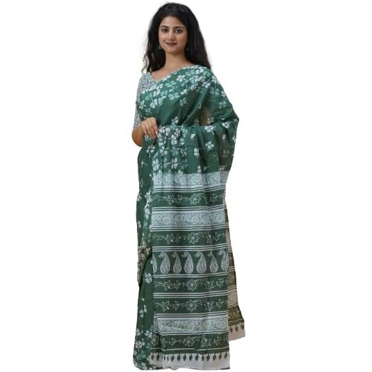 Kiaaron Handicrafts Womens Ikat Hand Block Print Jaipuri Cotton Mulmul Saree with Blouse Piece - Green_26