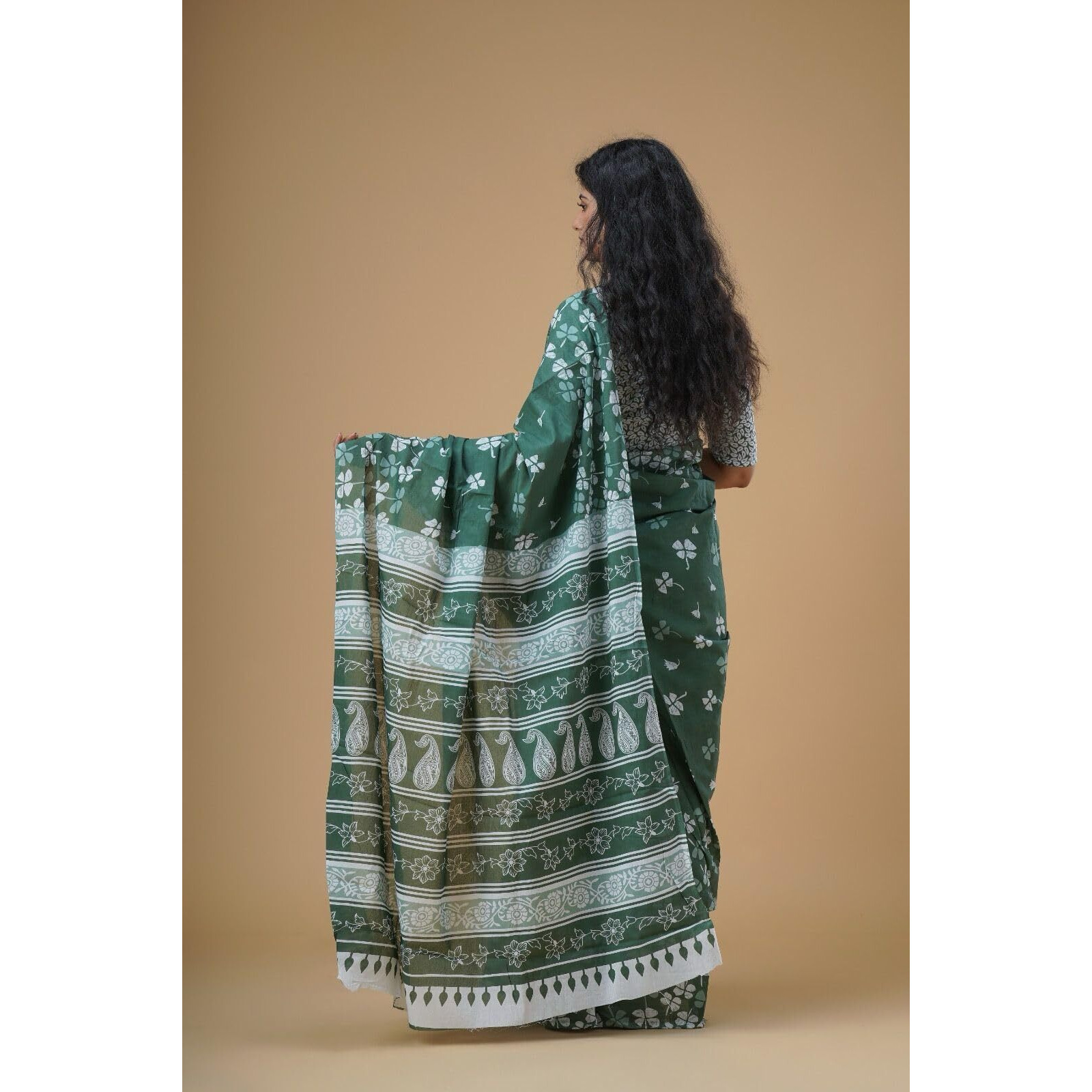 Kiaaron Handicrafts Womens Ikat Hand Block Print Jaipuri Cotton Mulmul Saree with Blouse Piece - Green_26