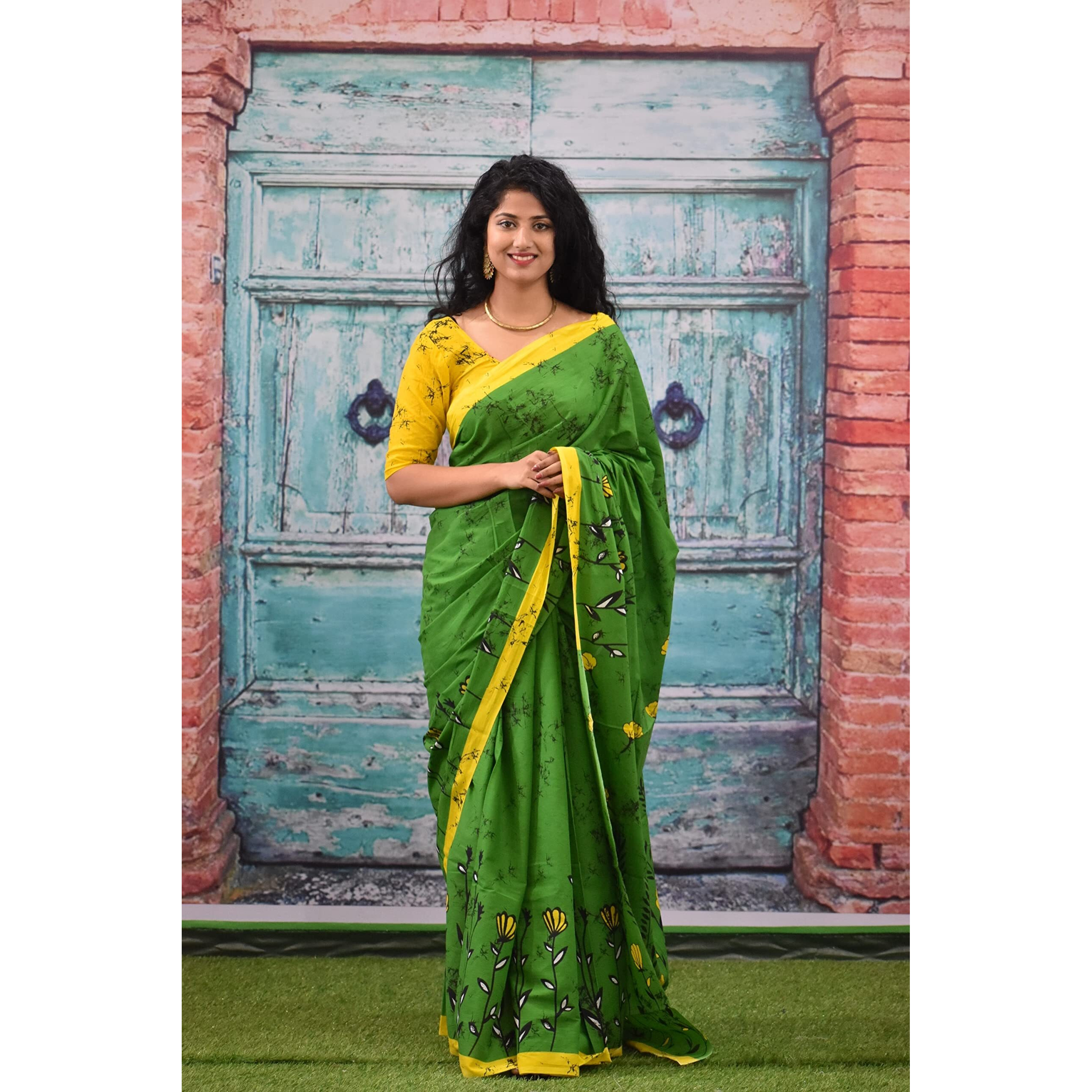 Kiaaron Womens Ikat Hand Block Print Jaipuri Cotton Mulmul Saree with Blouse Piece - Green_179