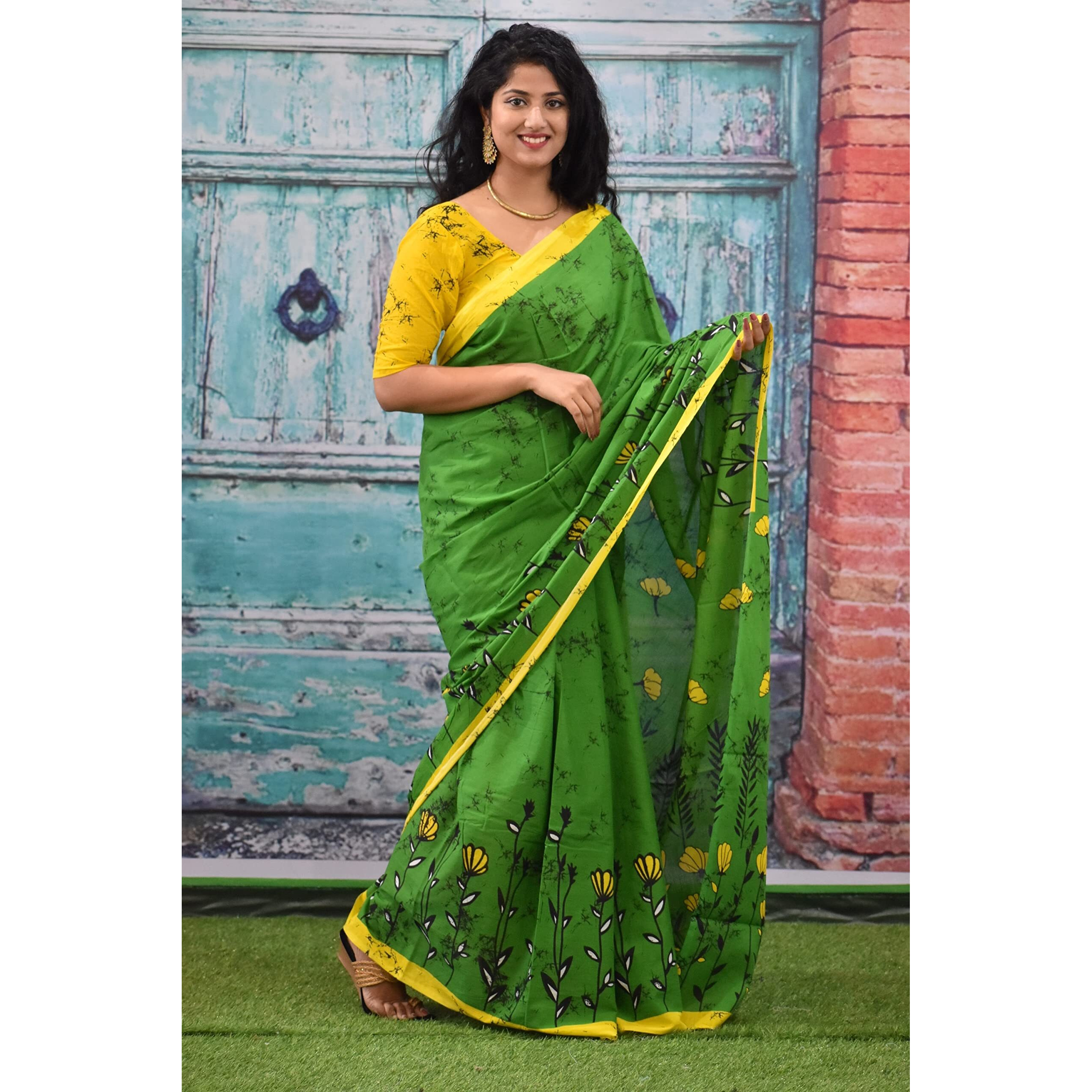 Kiaaron Womens Ikat Hand Block Print Jaipuri Cotton Mulmul Saree with Blouse Piece - Green_179