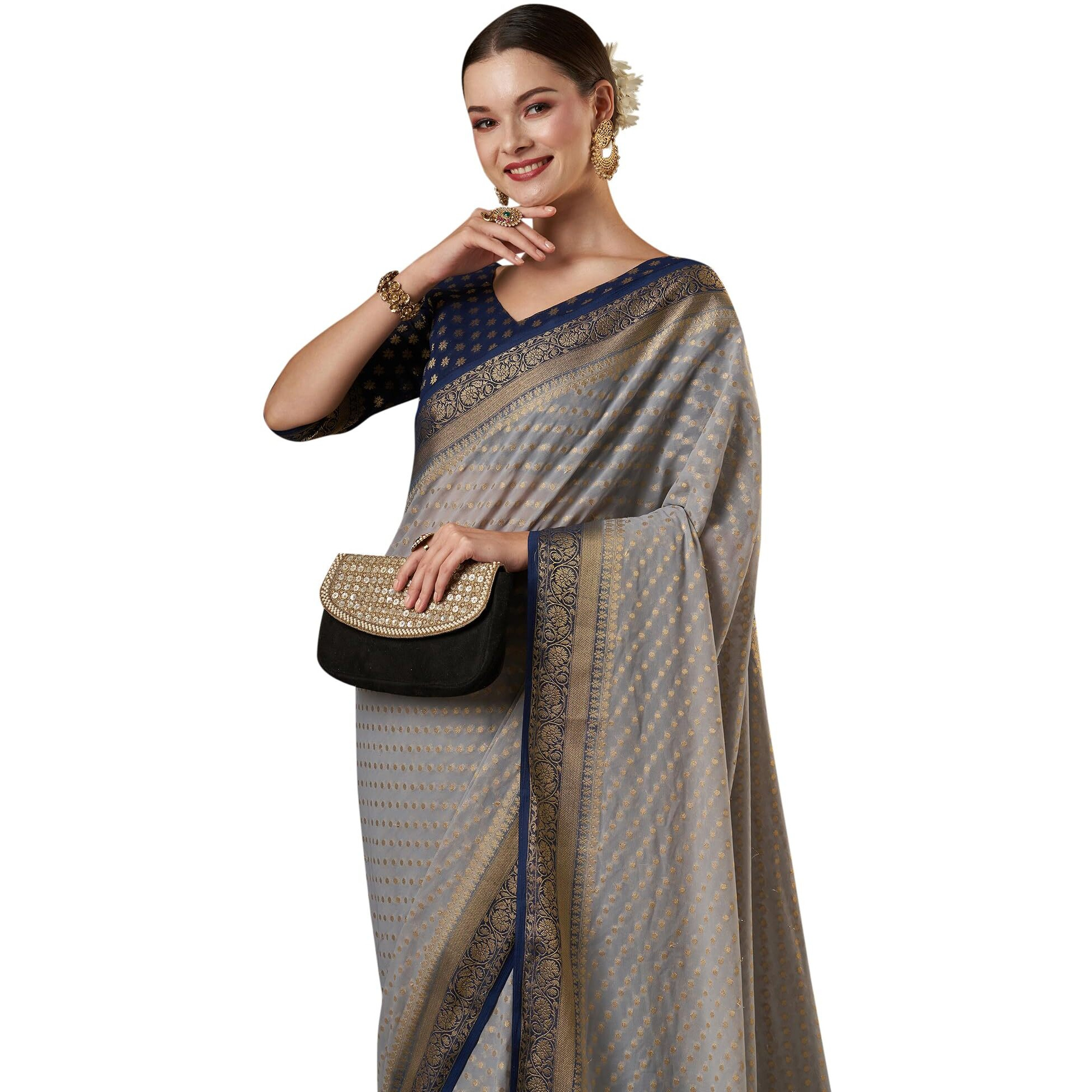 AKHILAM Womens Woven Design Ethnic Motif Georgette Kanjeevaram Saree With Unstiched Blouse Piece (Grey_ARYA1203_FL)