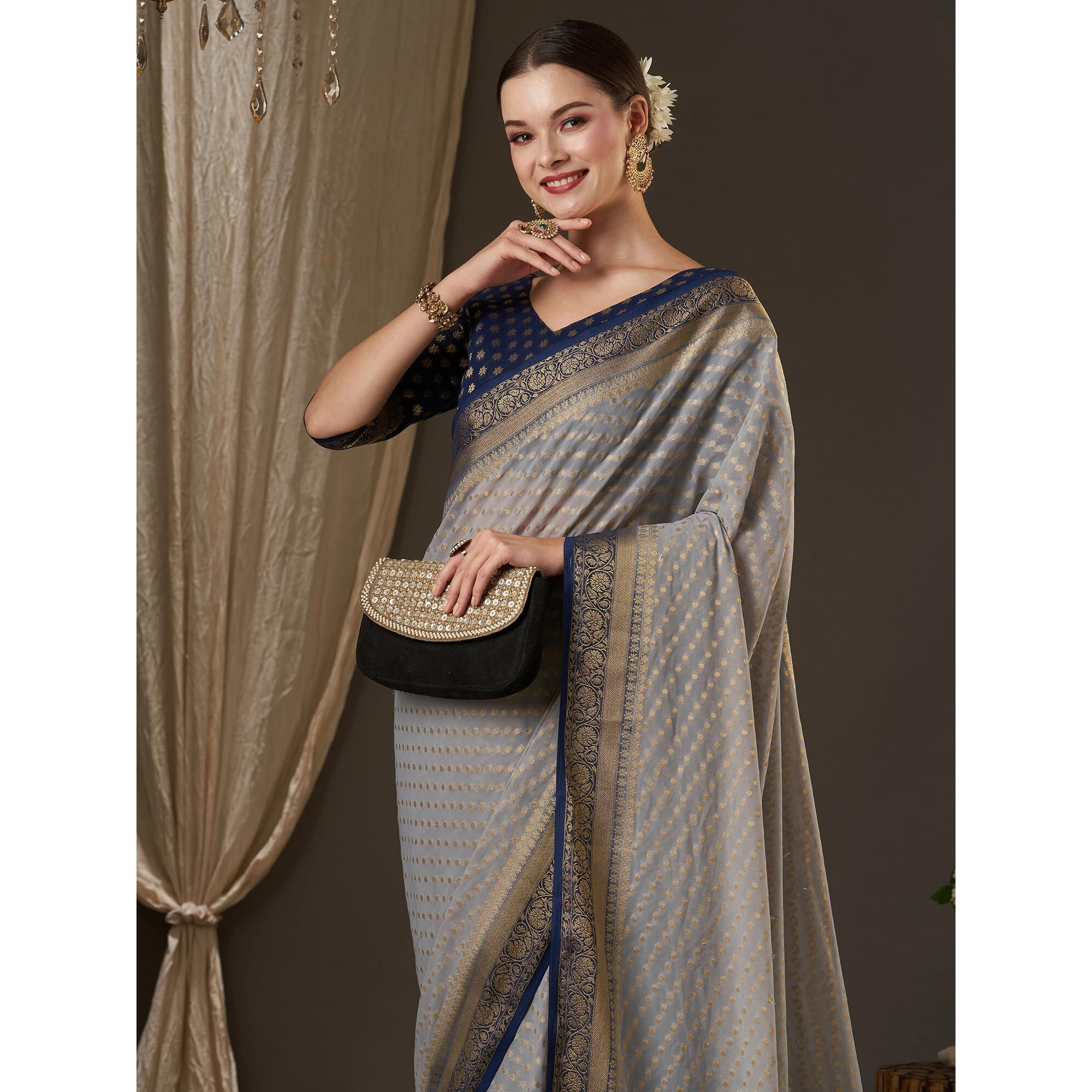 AKHILAM Womens Woven Design Ethnic Motif Georgette Kanjeevaram Saree With Unstiched Blouse Piece (Grey_ARYA1203_FL)