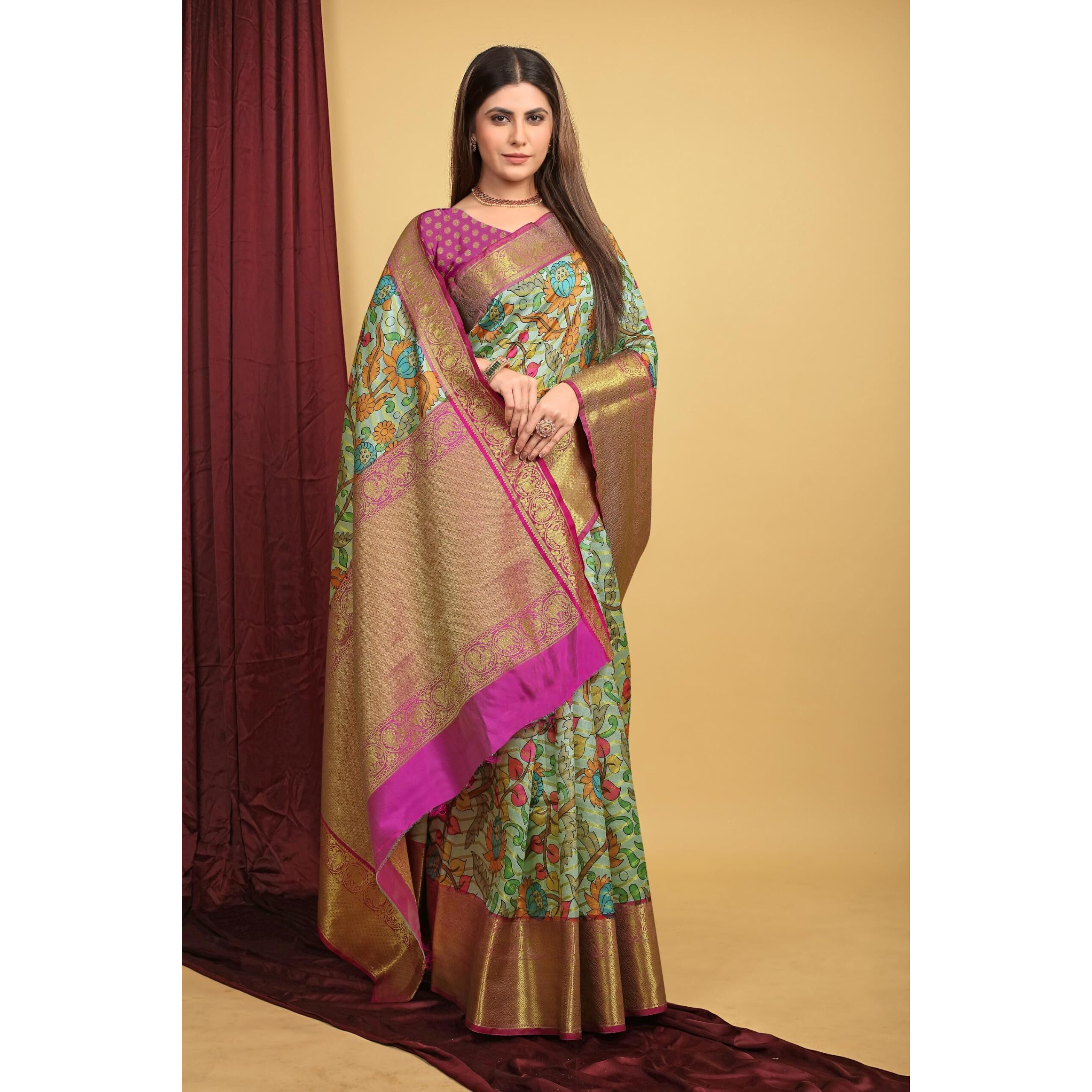 SGF11 Womens Kalamkari Kanjivaram Pure Soft Silk Handloom Saree Pure Golden Zari With Blouse Piece (Light Blue Pink)