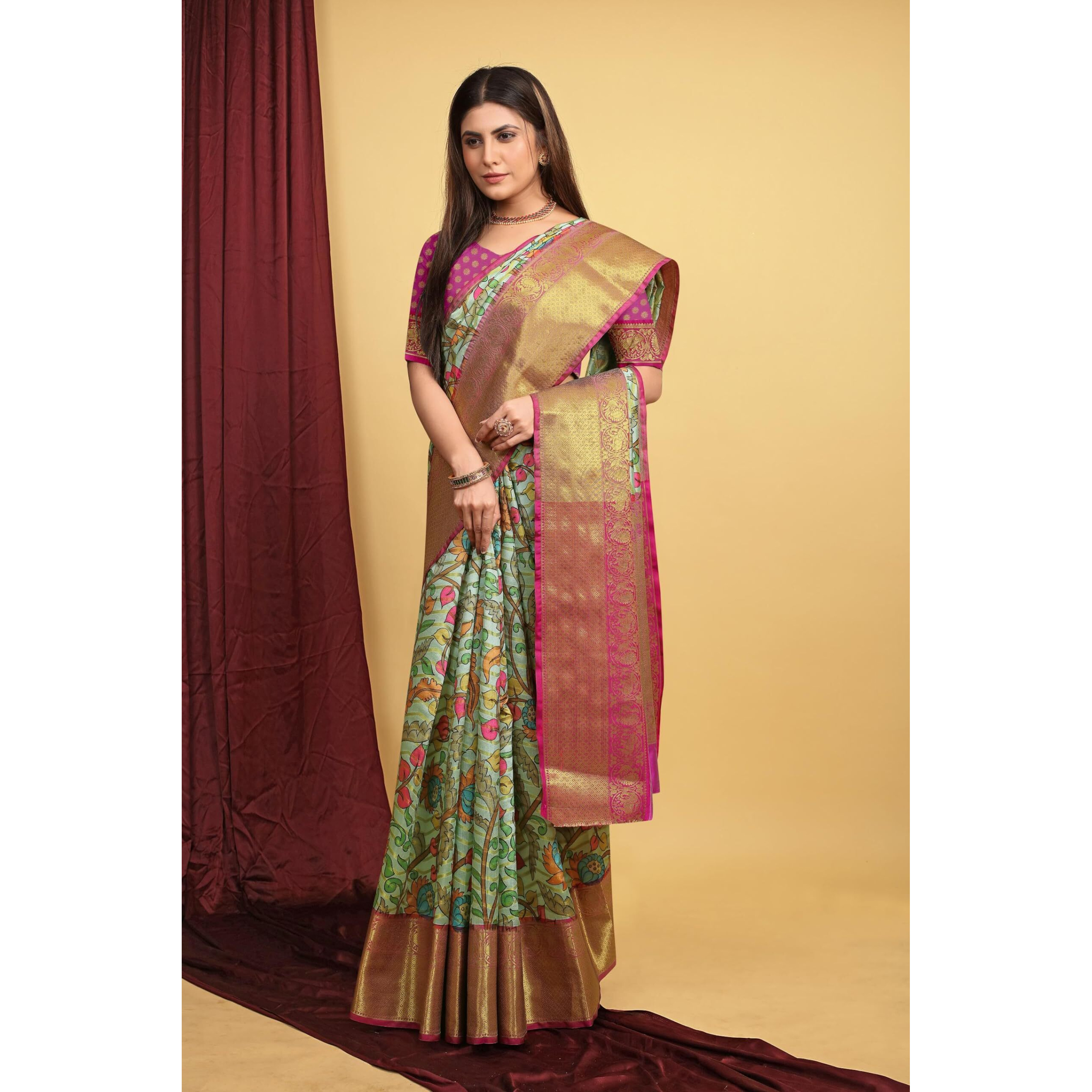 SGF11 Womens Kalamkari Kanjivaram Pure Soft Silk Handloom Saree Pure Golden Zari With Blouse Piece (Light Blue Pink)