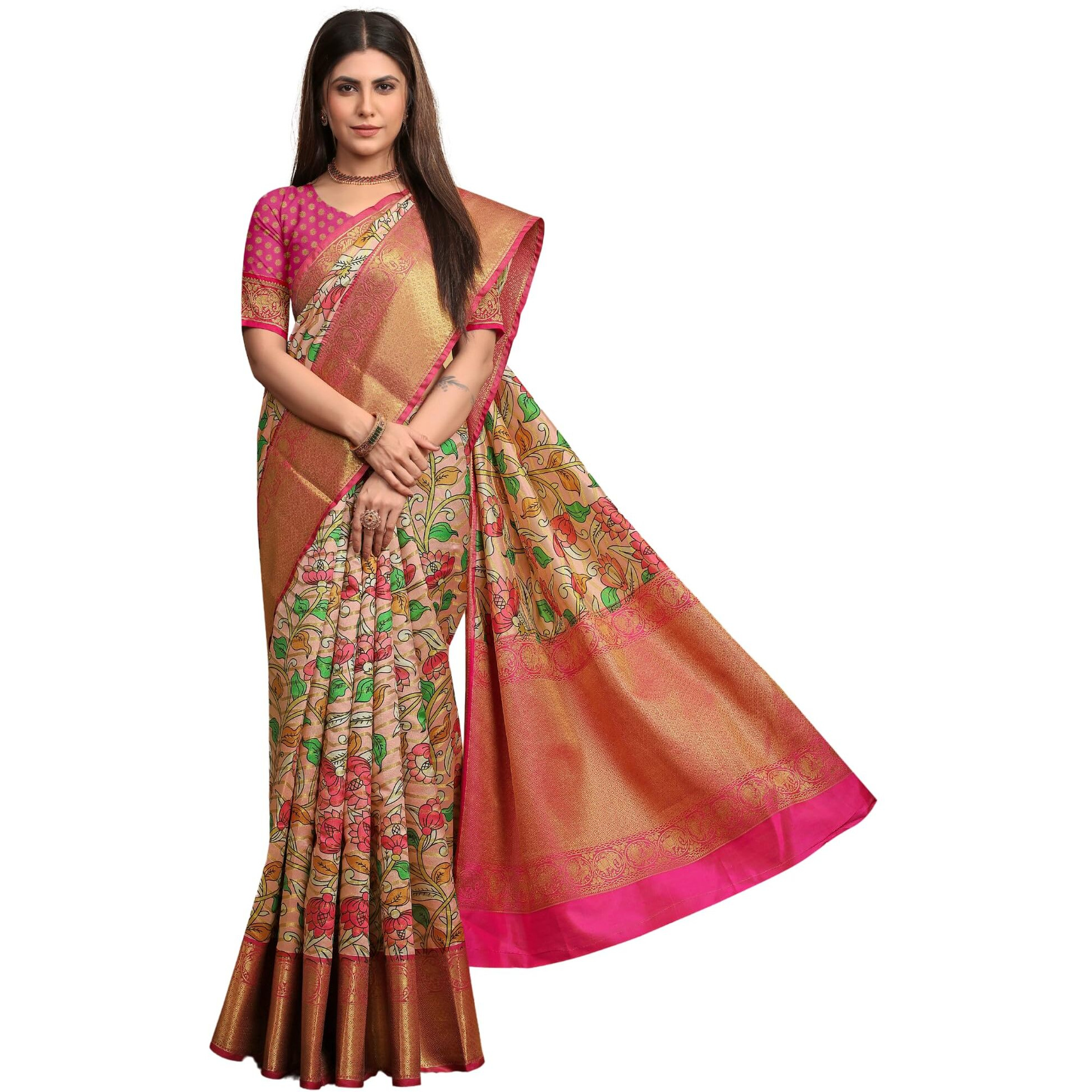 SGF11 Womens Kalamkari Kanjivaram Pure Soft Silk Handloom Saree Pure Golden Zari With Blouse Piece (Peach 06)