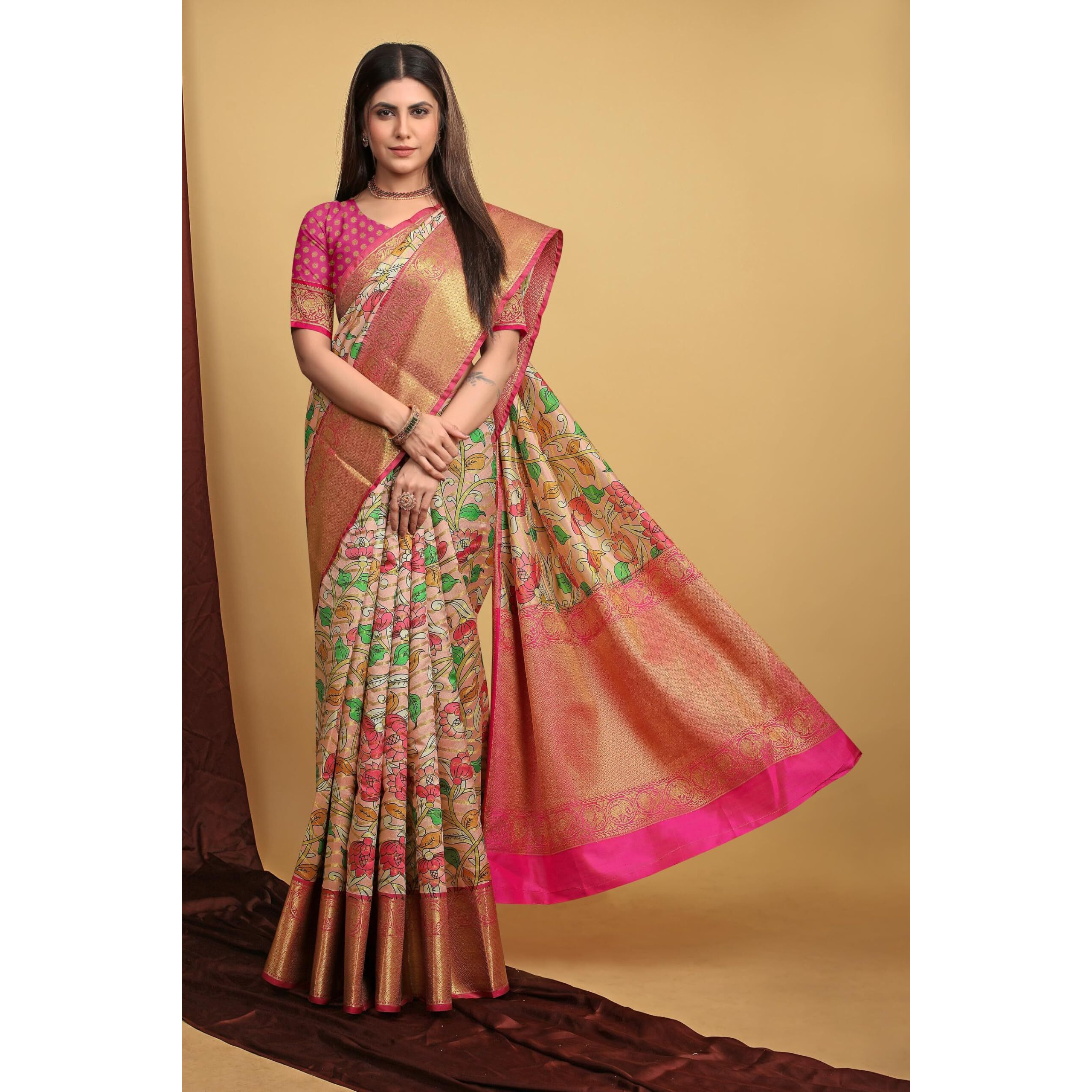 SGF11 Womens Kalamkari Kanjivaram Pure Soft Silk Handloom Saree Pure Golden Zari With Blouse Piece (Peach 06)