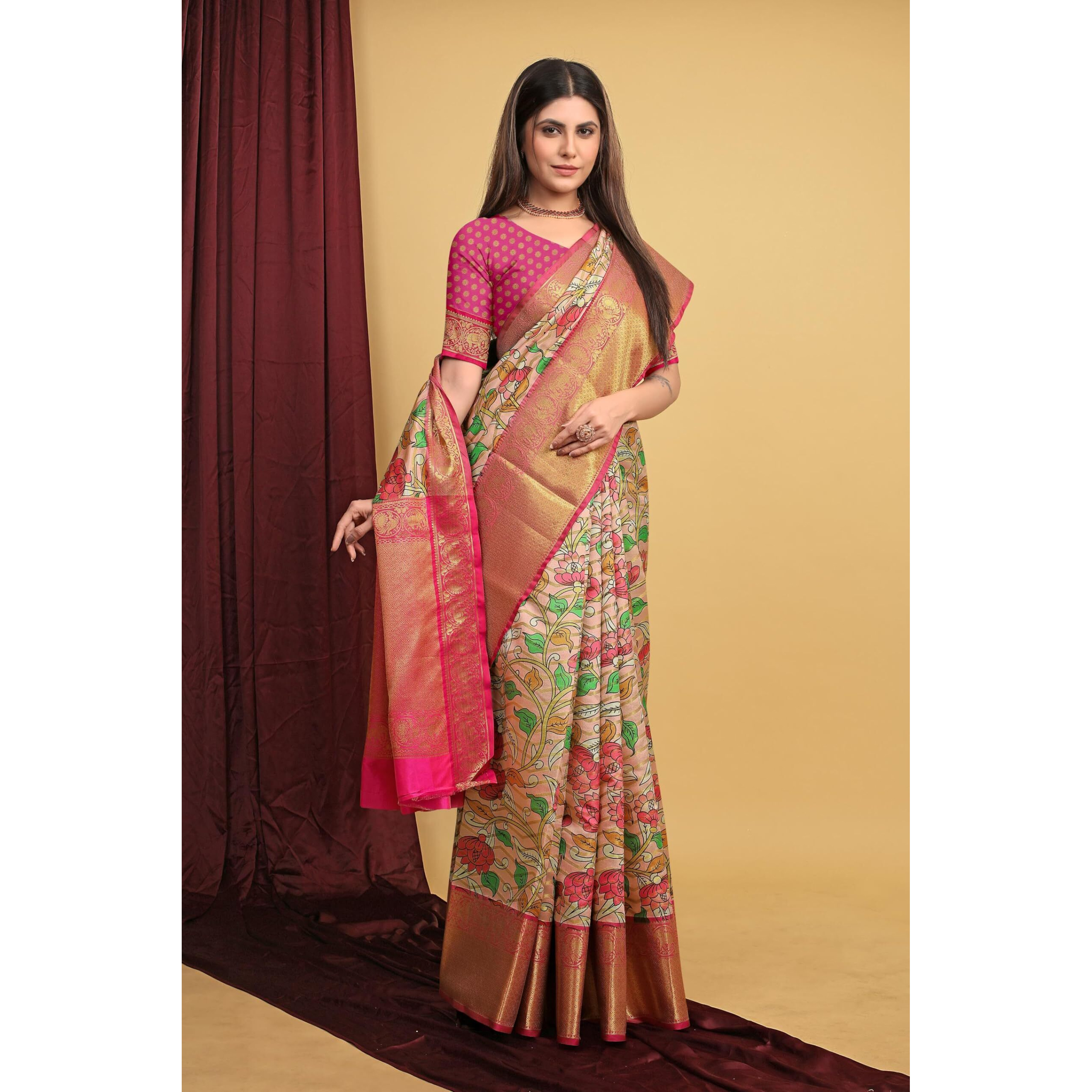 SGF11 Womens Kalamkari Kanjivaram Pure Soft Silk Handloom Saree Pure Golden Zari With Blouse Piece (Peach 06)