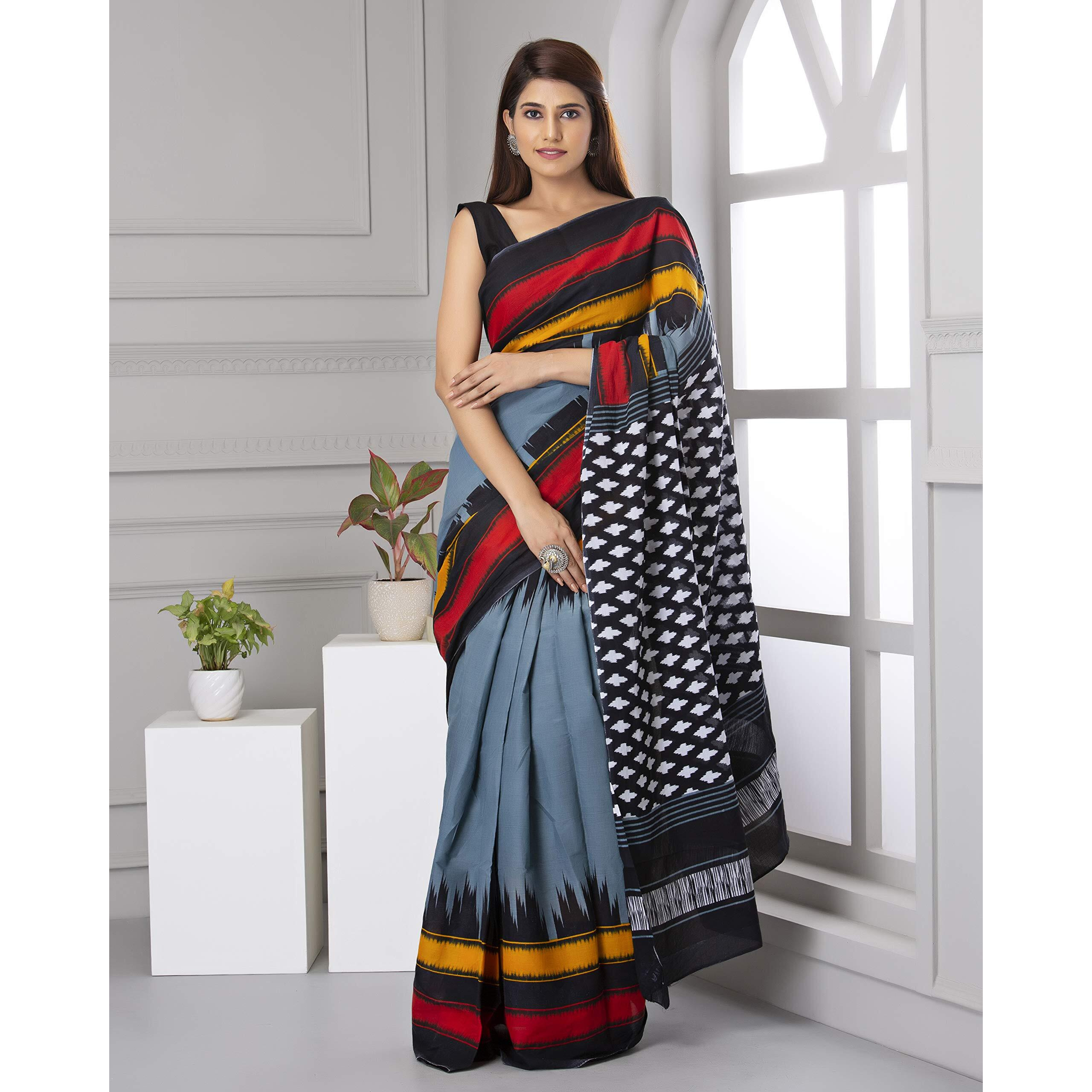 Kiaaron Handicrafts Womens Ikat Hand Block Print Jaipuri Cotton Mulmul Saree with Blouse Piece - _SH_37