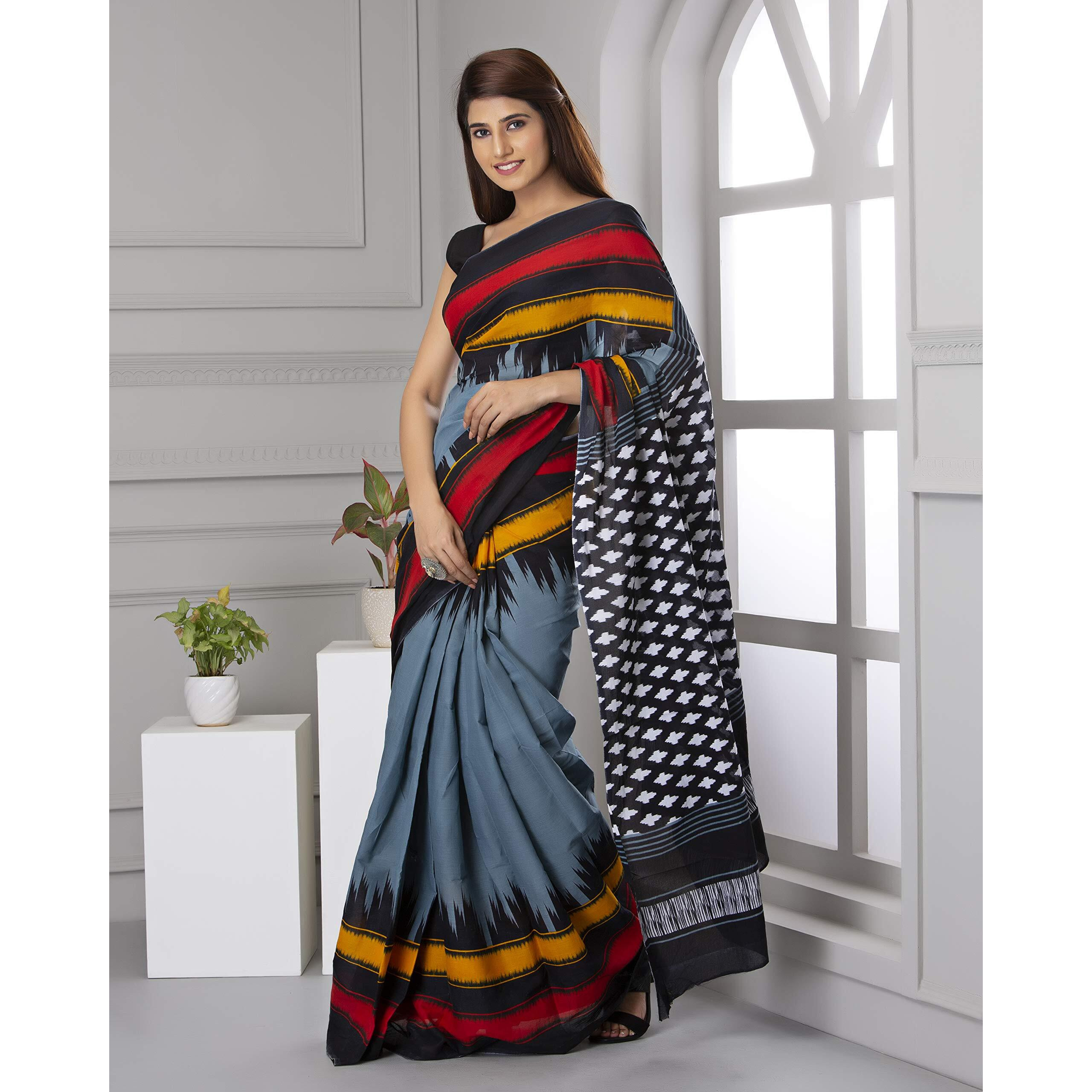 Kiaaron Handicrafts Womens Ikat Hand Block Print Jaipuri Cotton Mulmul Saree with Blouse Piece - _SH_37