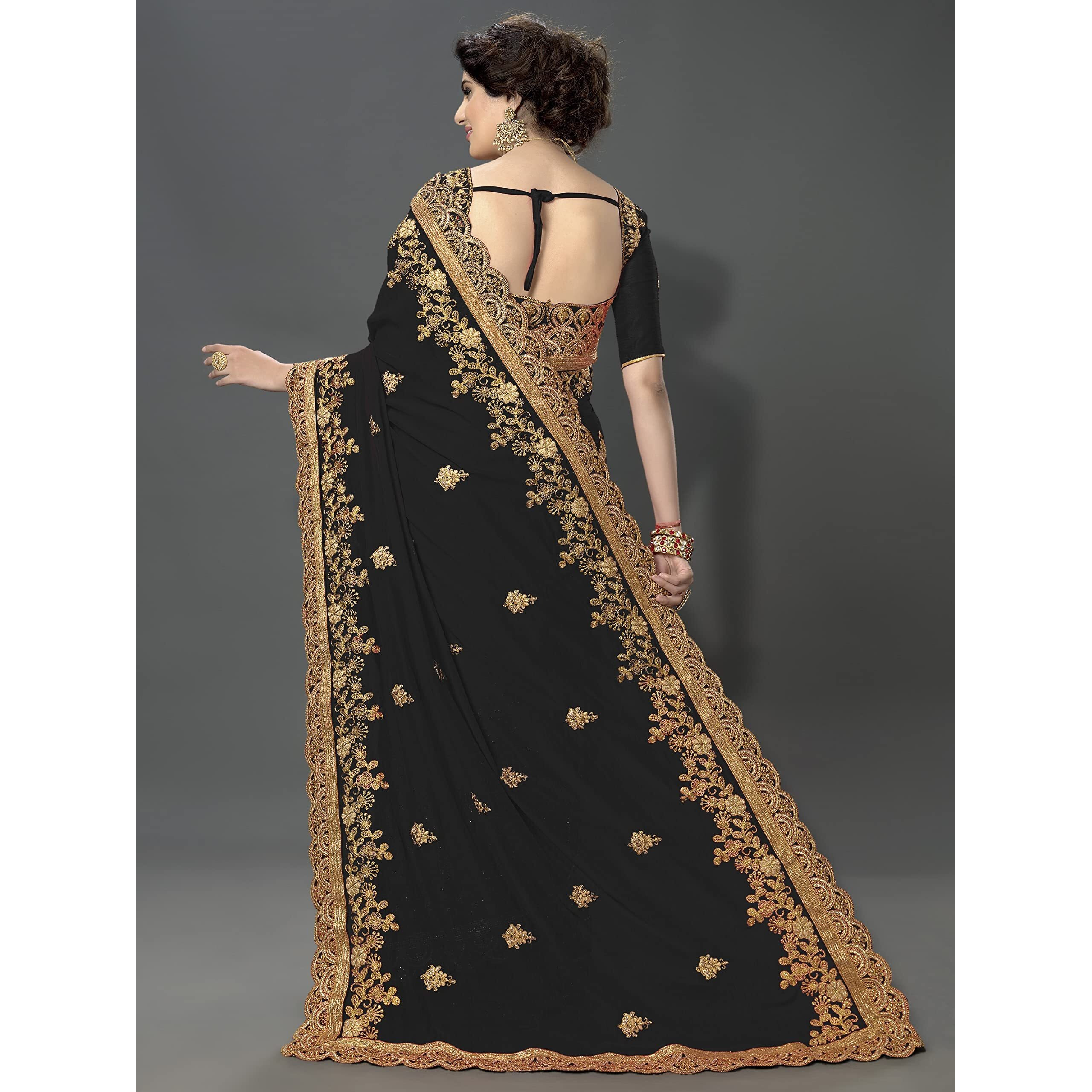 Trendmalls Womens Silk Heavy Embroidery Work Saree (Black)