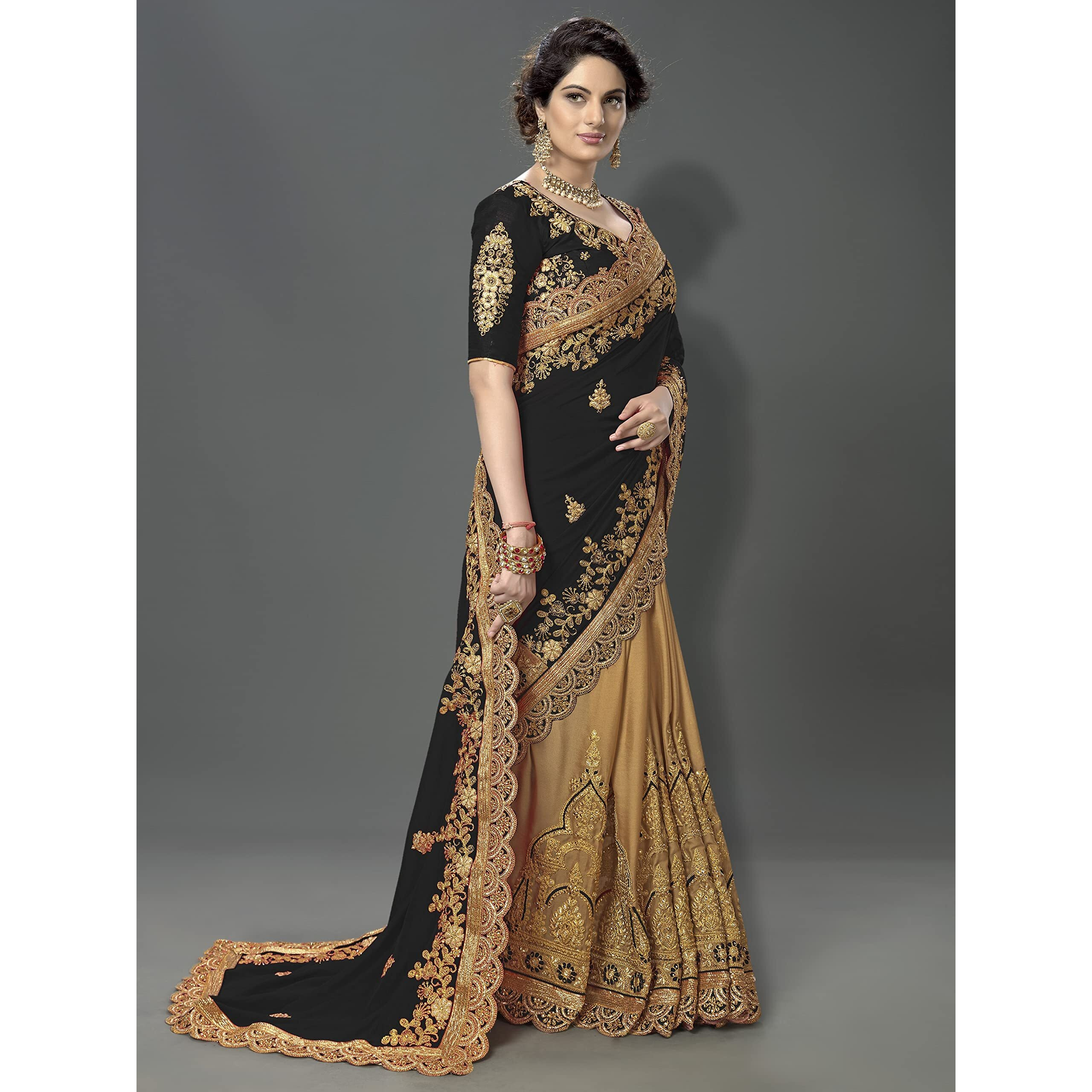 Trendmalls Womens Silk Heavy Embroidery Work Saree (Black)