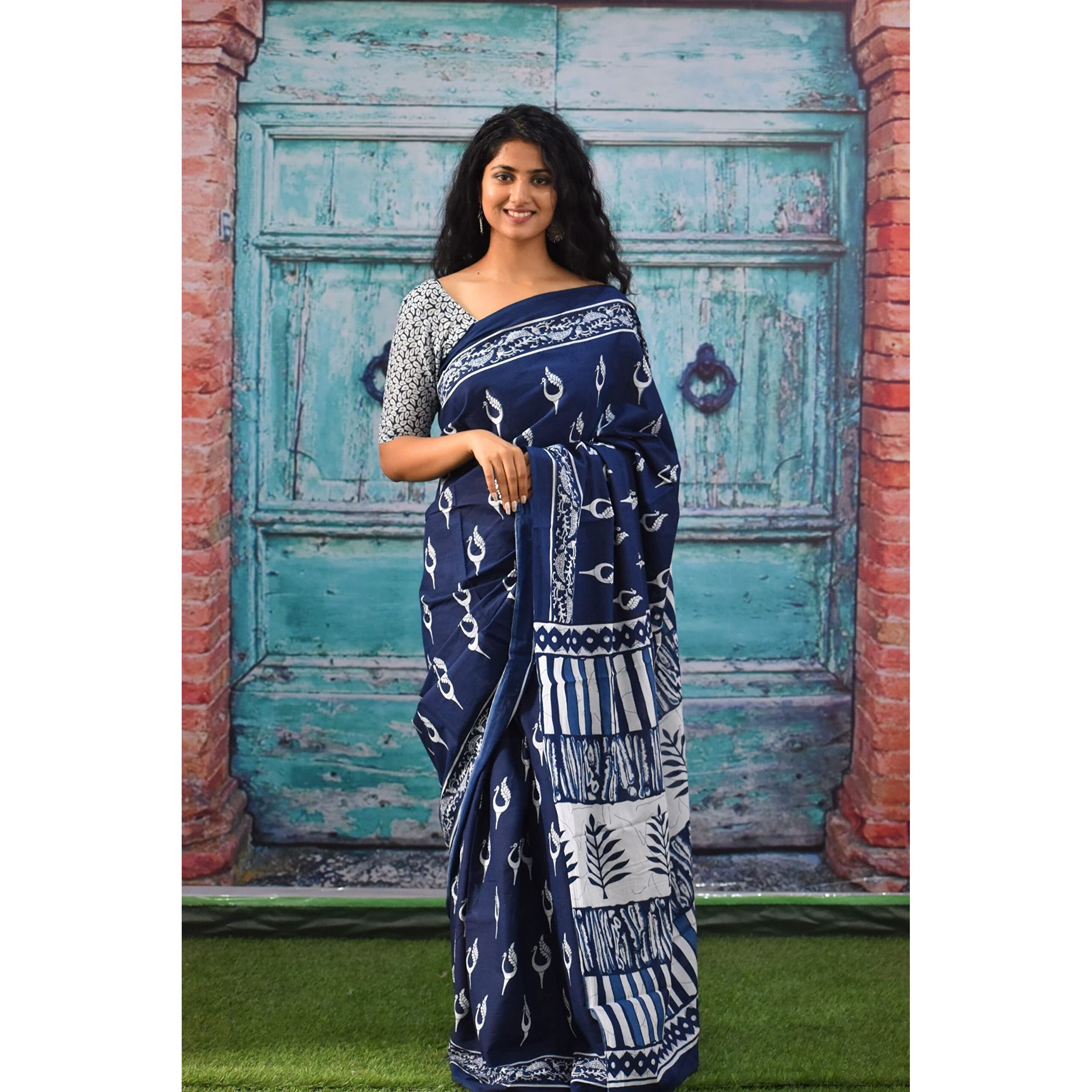 Kiaaron Womens Ikat Hand Block Print Jaipuri Cotton Mulmul Saree with Blouse Piece - Blue_50