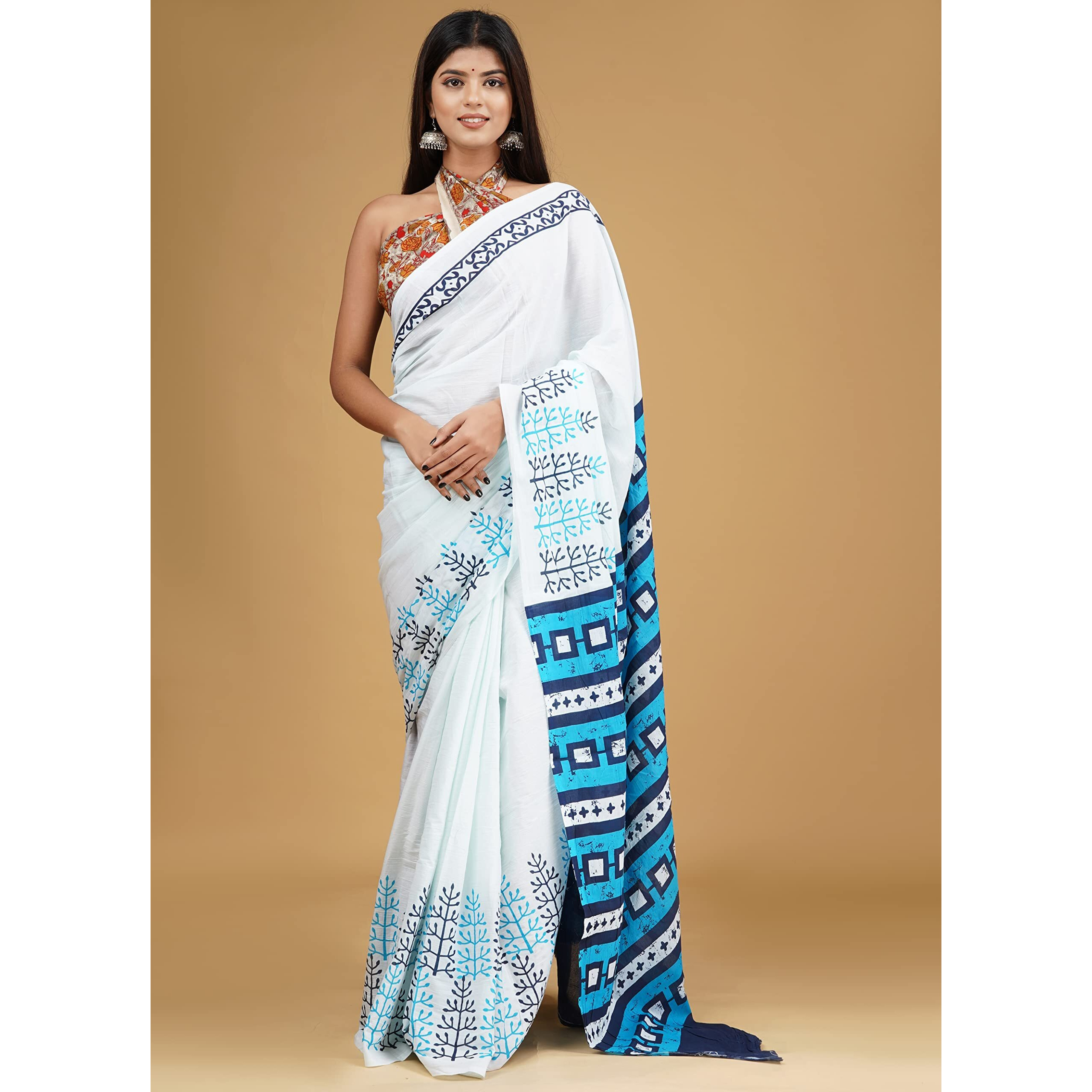 Kiaaron Handicrafts Womens Ikat Hand Block Print Jaipuri Cotton Mulmul Saree with Blouse Piece - _SH_51
