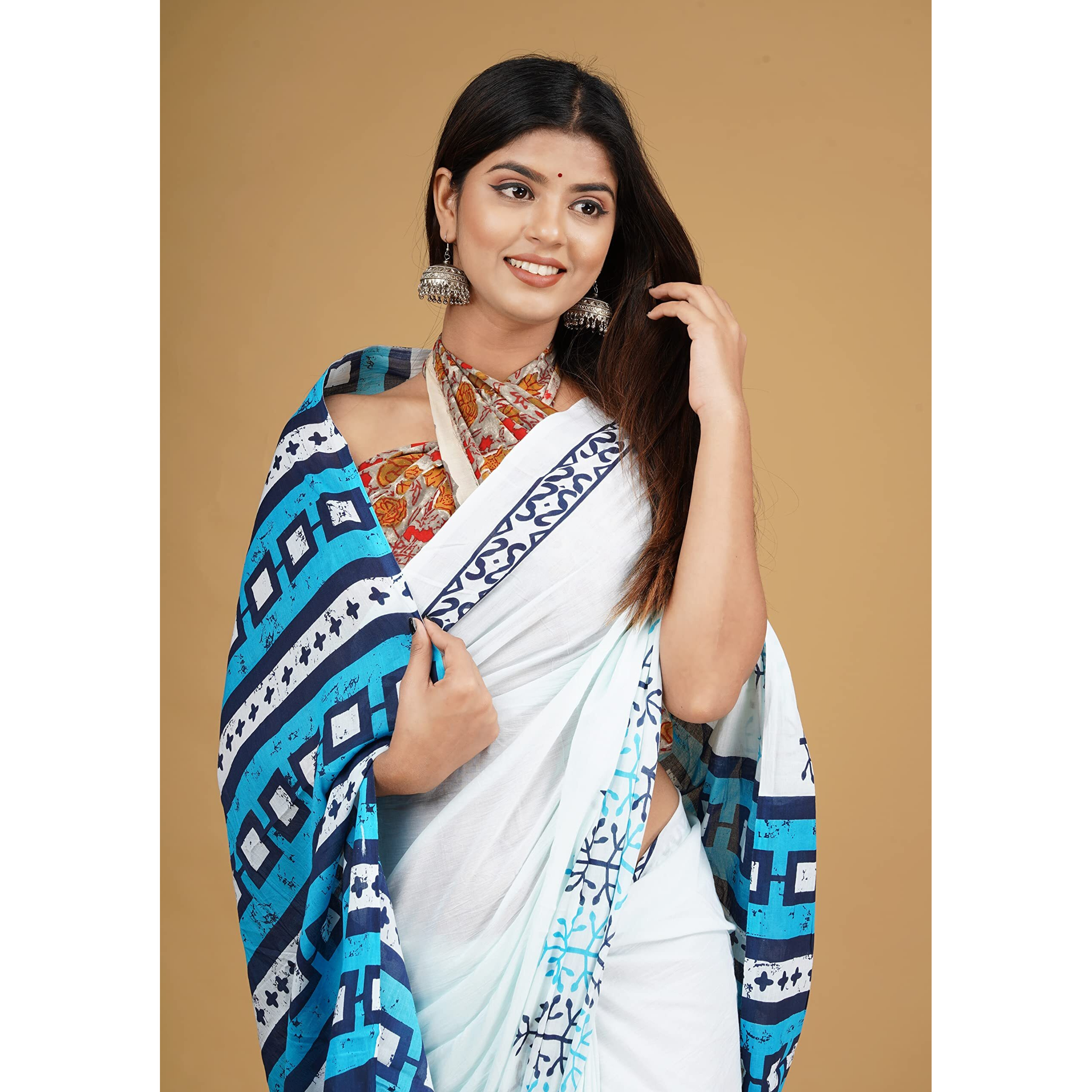 Kiaaron Handicrafts Womens Ikat Hand Block Print Jaipuri Cotton Mulmul Saree with Blouse Piece - _SH_51