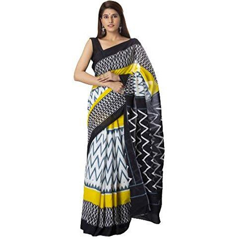 Kiaaron Handicrafts Womens Ikat Hand Block Print Jaipuri Cotton Mulmul Saree with Blouse Piece - _SH_35