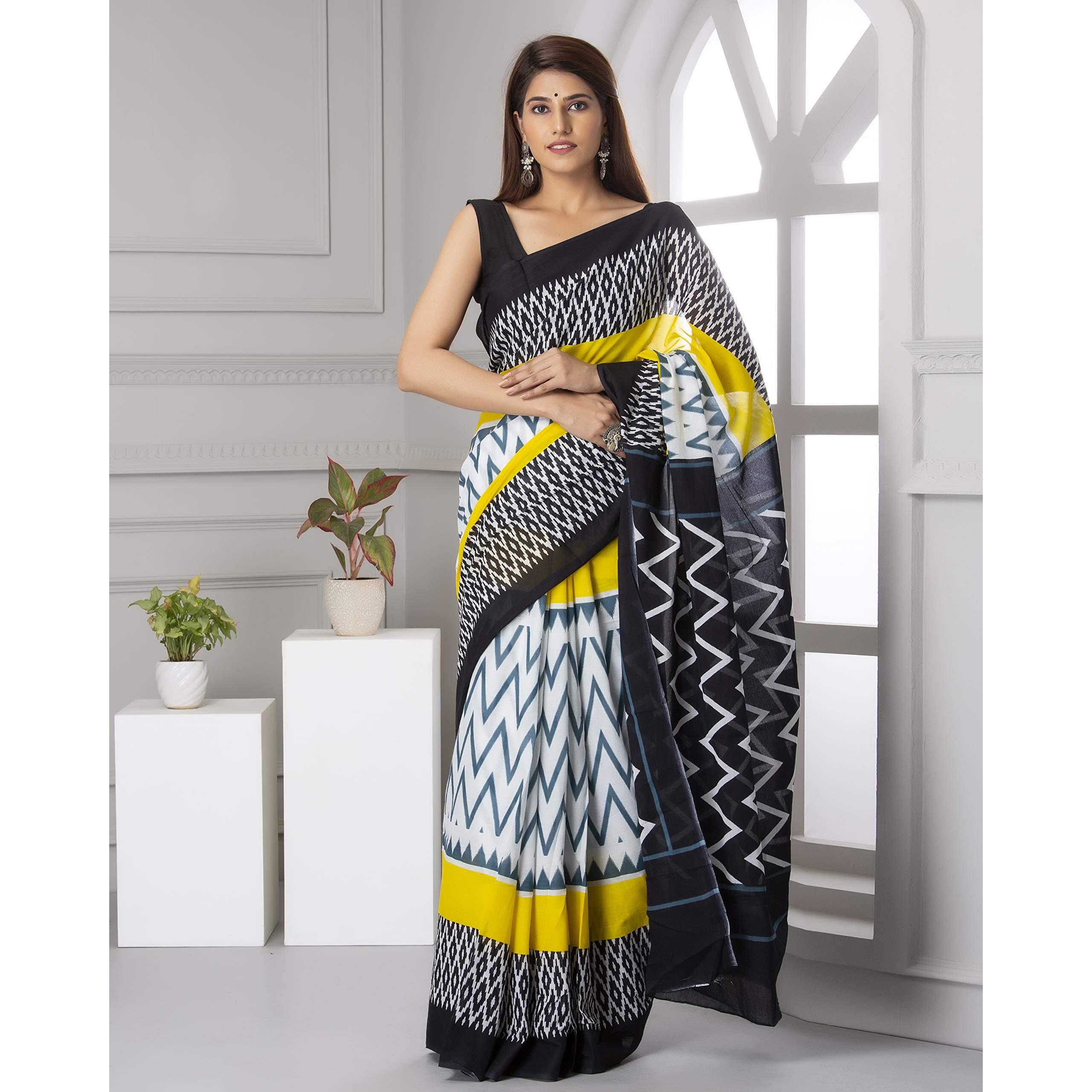 Kiaaron Handicrafts Womens Ikat Hand Block Print Jaipuri Cotton Mulmul Saree with Blouse Piece - _SH_35
