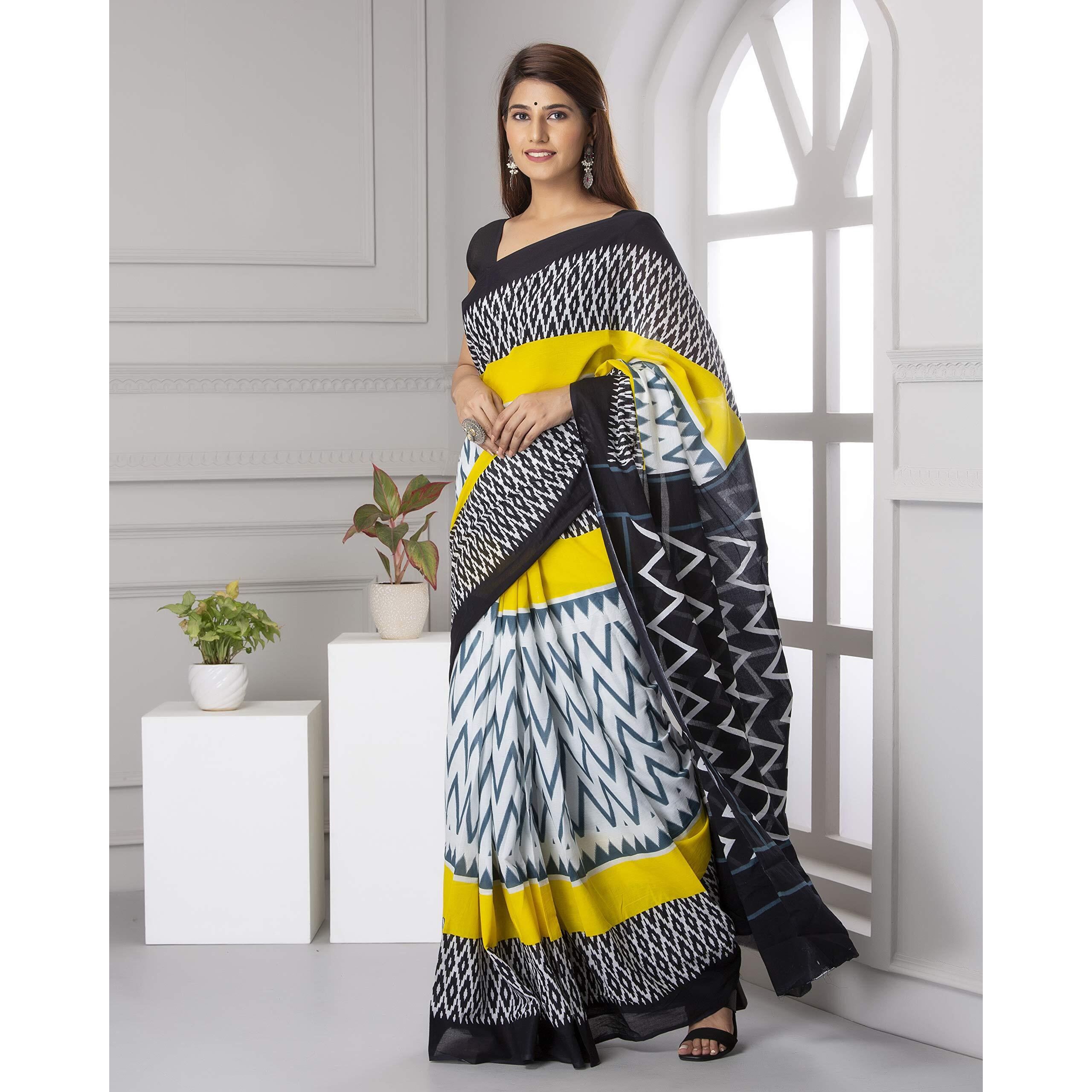 Kiaaron Handicrafts Womens Ikat Hand Block Print Jaipuri Cotton Mulmul Saree with Blouse Piece - _SH_35