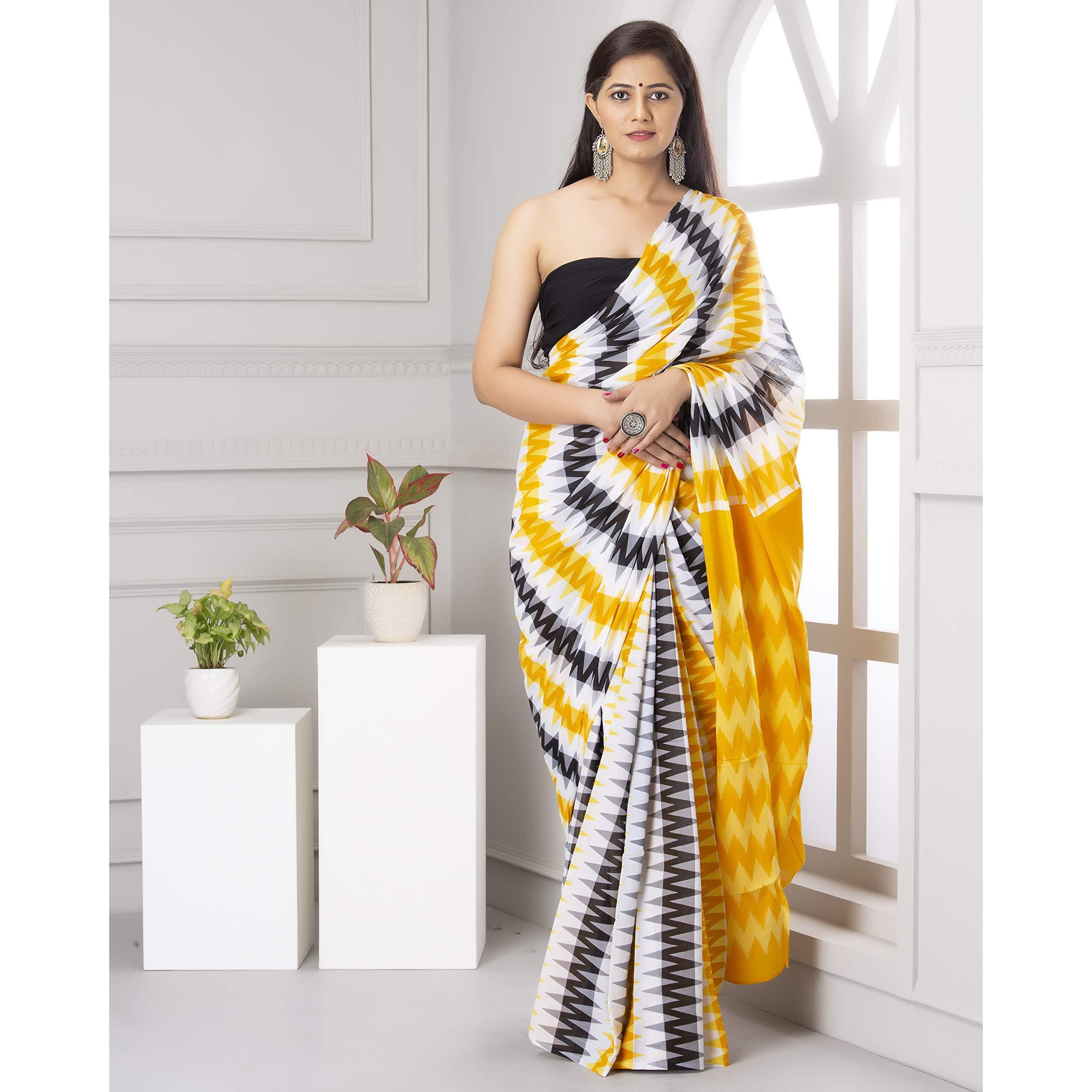 Kiaaron Handicrafts Womens Ikat Hand Block Print Jaipuri Cotton Mulmul Saree with Blouse Piece - _SH_34