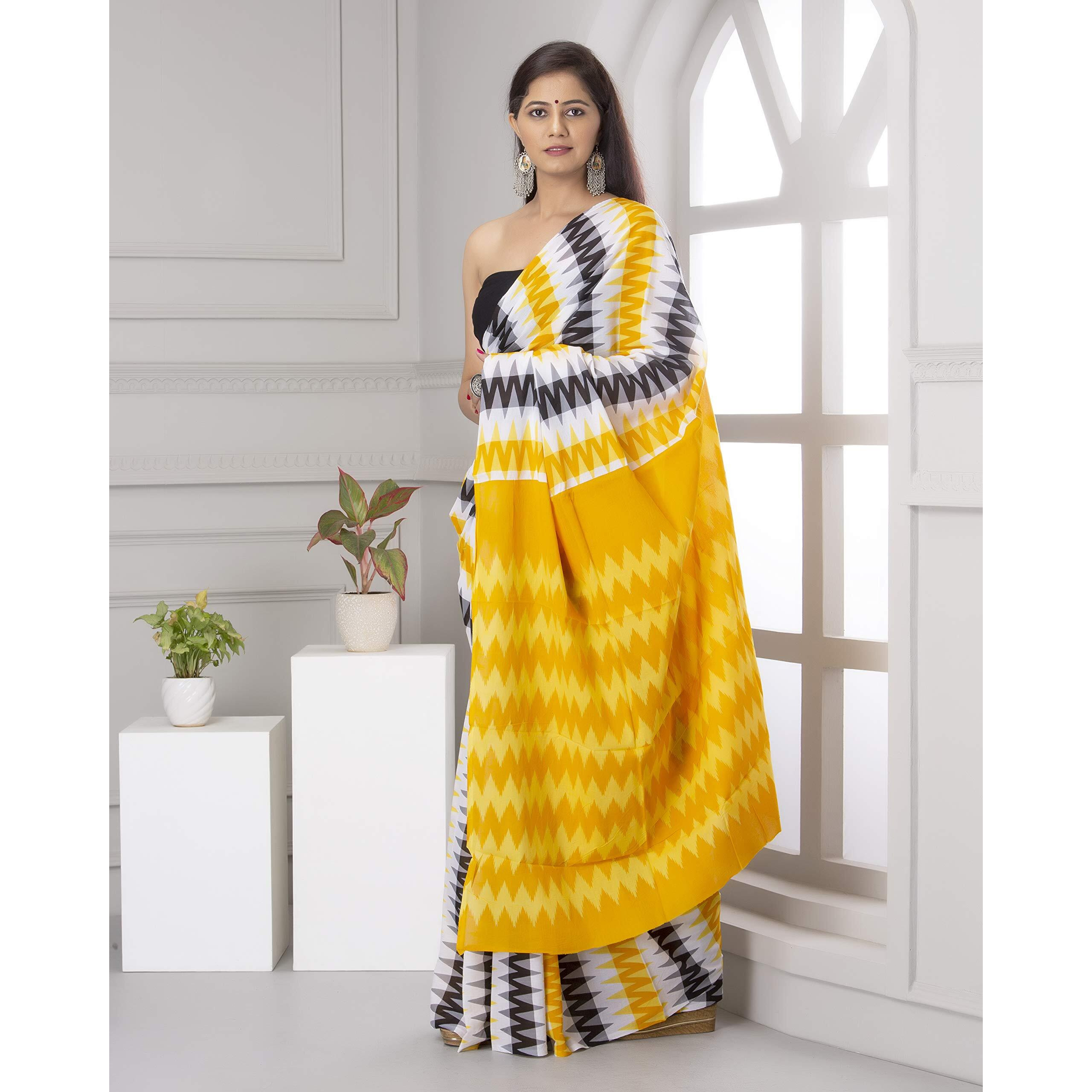 Kiaaron Handicrafts Womens Ikat Hand Block Print Jaipuri Cotton Mulmul Saree with Blouse Piece - _SH_34