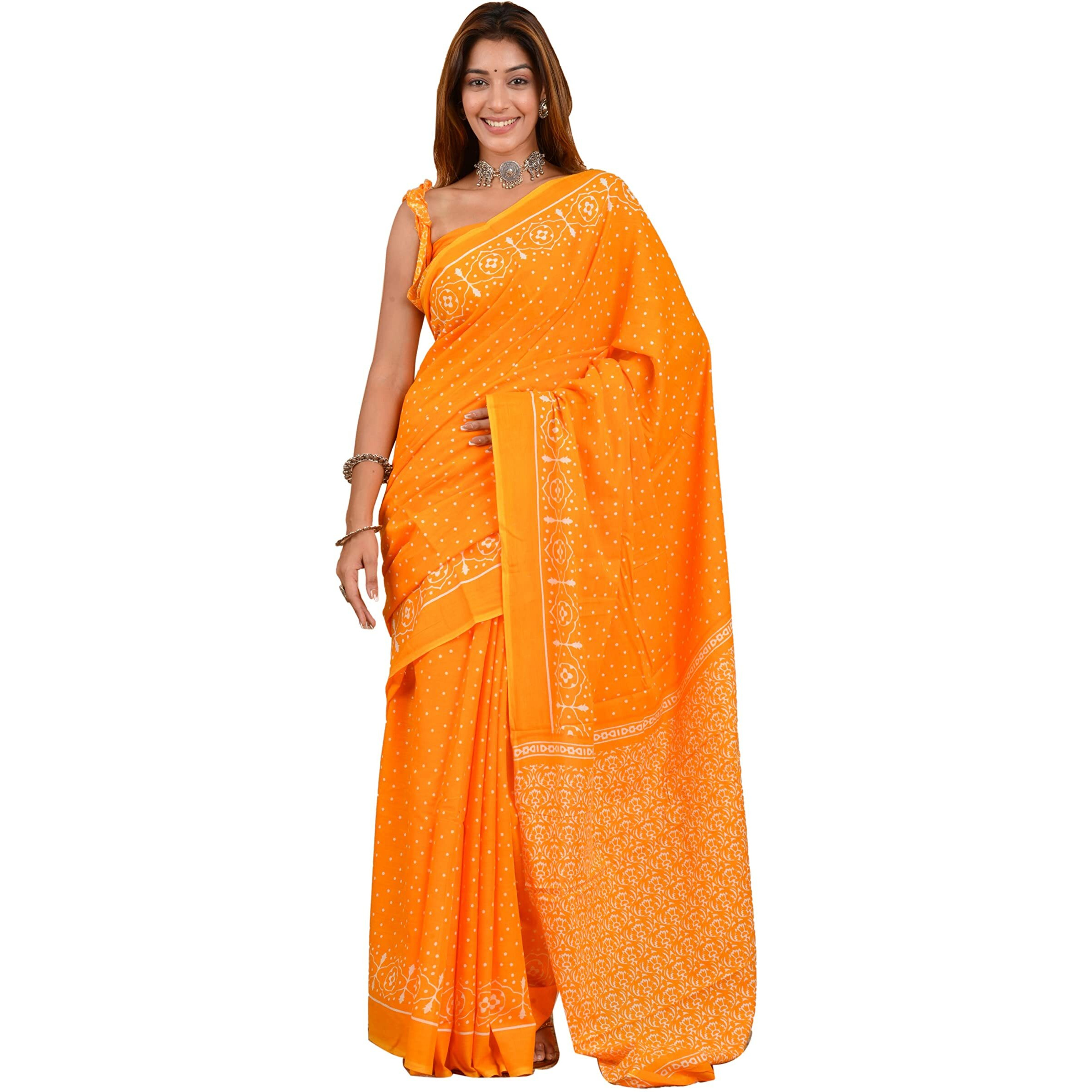 Kiaaron Handicrafts Womens Ikat Hand Block Print Jaipuri Cotton Mulmul Saree with Blouse Piece - _SH_55