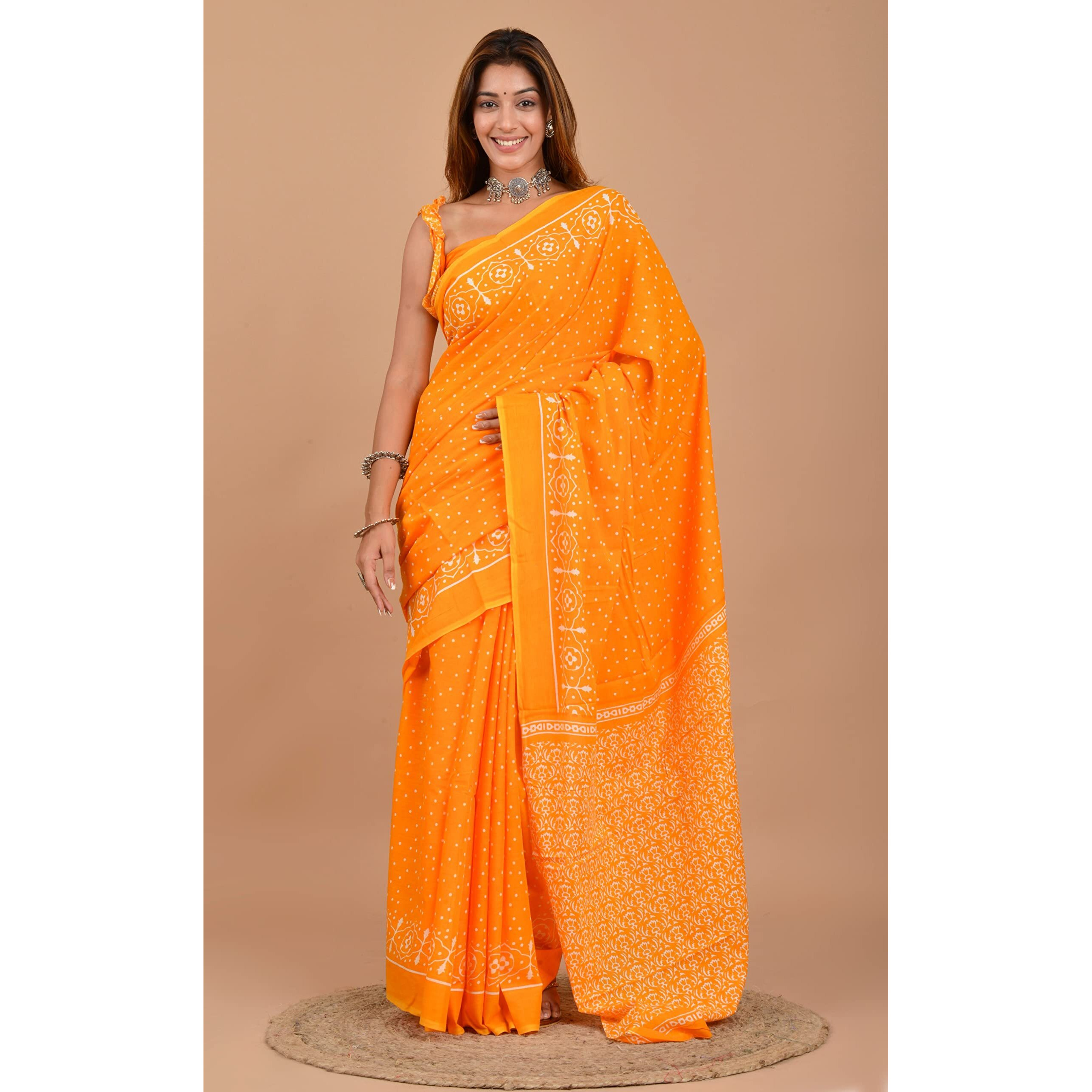 Kiaaron Handicrafts Womens Ikat Hand Block Print Jaipuri Cotton Mulmul Saree with Blouse Piece - _SH_55