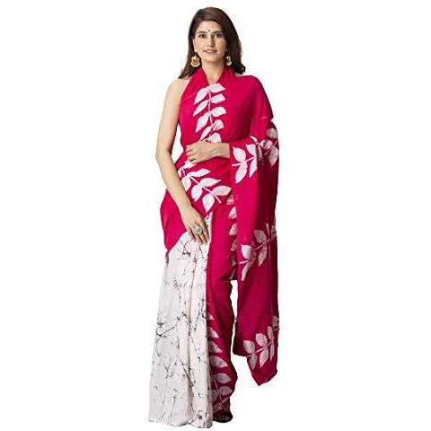 Kiaaron Handicrafts Womens Ikat Hand Block Print Jaipuri Cotton Mulmul Saree with Blouse Piece - _SH_45